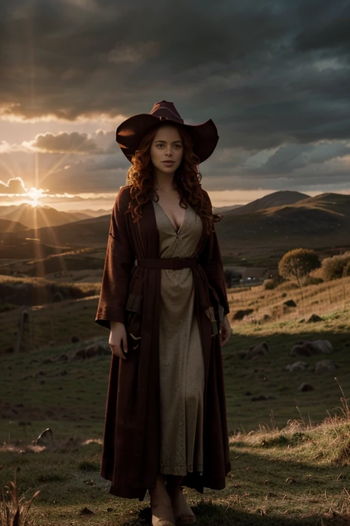 detailed cinematic full body shot of a 35 year old woman with reddish curly hair wearing a caramel collored robe, pointy witch wizard hat, in an irish landscape, intricate celtic knot patterns, dramatic cloudy sky, sunlight rays, golden hour, hyperrealistic, photorealistic, 8k, masterpiece