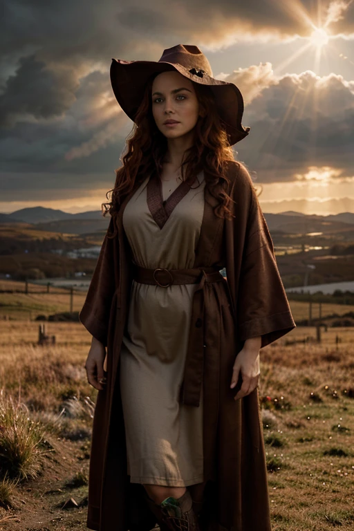 detailed cinematic full body shot of a 35 year old woman with reddish curly hair wearing a caramel collored robe, pointy witch wizard hat, in an irish landscape, intricate celtic knot patterns, dramatic cloudy sky, sunlight rays, golden hour, hyperrealistic, photorealistic, 8k, masterpiece