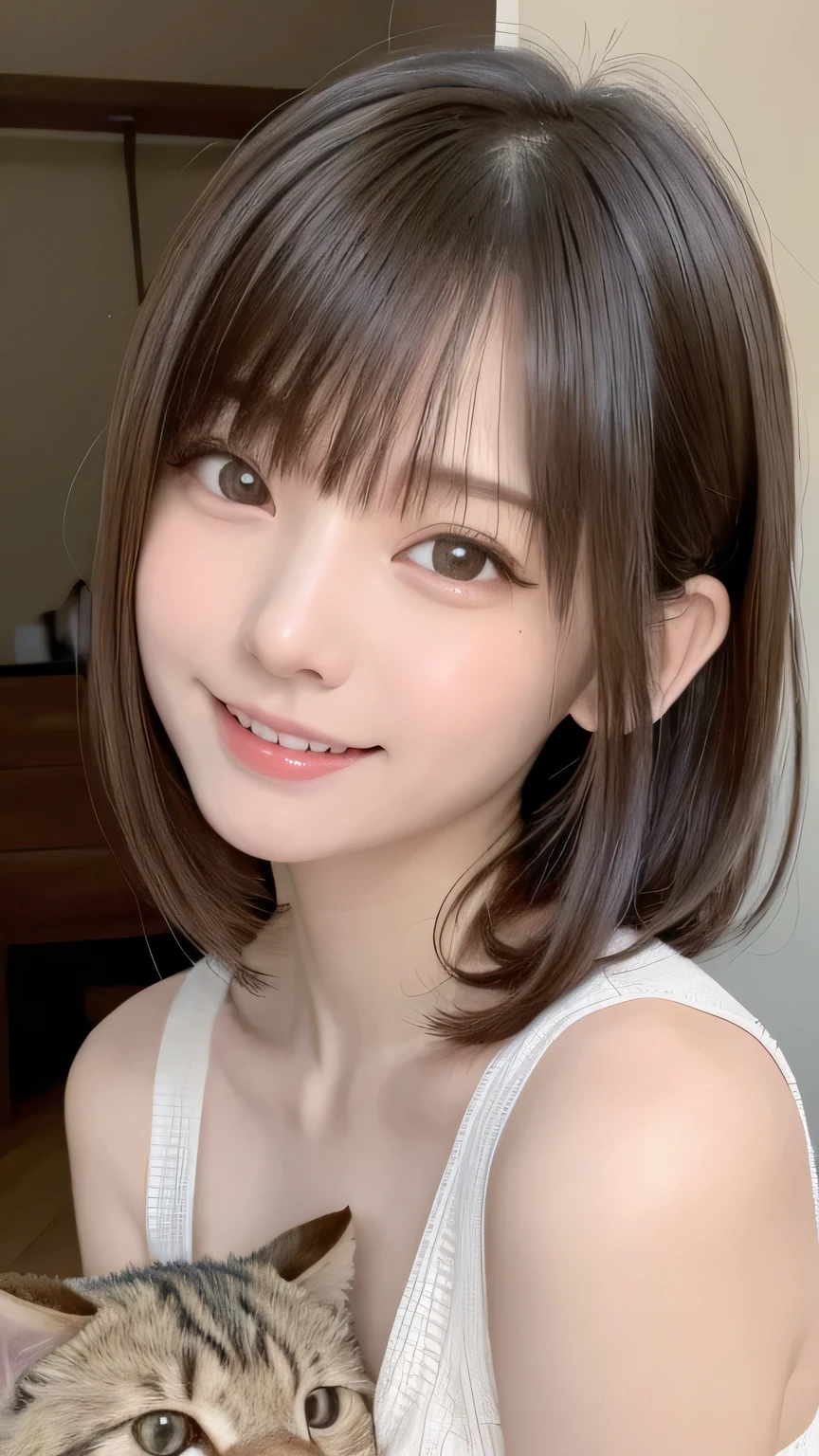closeup shot , Best picture quality (8K, high resolution, Masterpiece: 1.2), super detailed, 215 Short Hair, 16-year-old woman, Situations where you can interact with pets: Pets(Dogs and cats)A scene where they play together。
angle: A scene with Pets shot from a low angle。A close-up of a hand petting a pet、Capture the moment of eye contact。, random cute pose ,big eyes:1.3 ,Puffy eyes , Heart Pupil, blush , huge shy smile , salute
