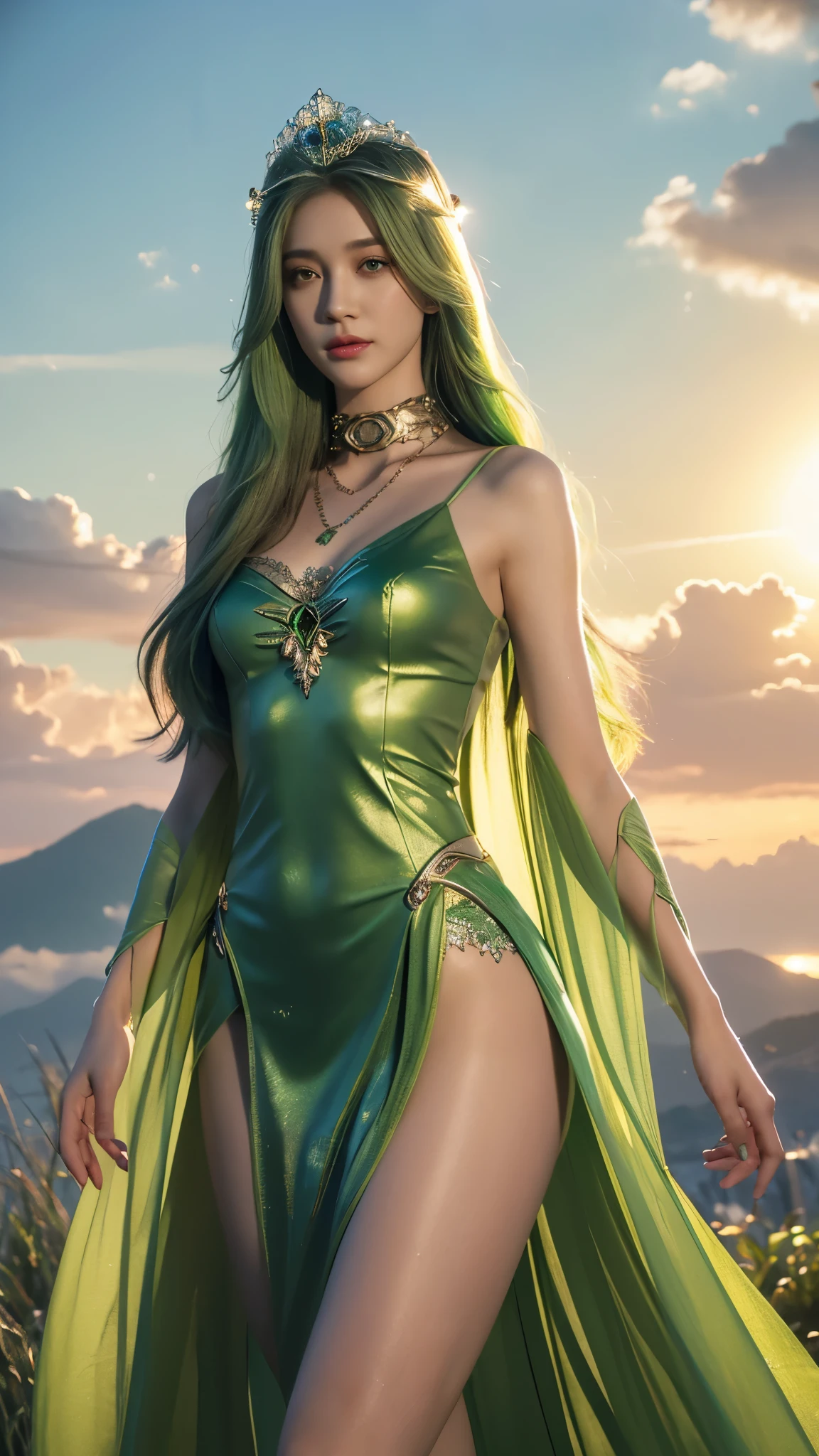 photorealistic, 1girl, ((slim body)), long hair, gradient hair, solo, detailed eyes, jewelry, bracelet, choker, small breasts, looking at viewer, realistic, necklace, (((green princess))), long skirt, thigh highs, green cape, sardine, lace, evening, sunlight, clouds, in the sky, clouds, realistic sun light,, detailed, upper body,