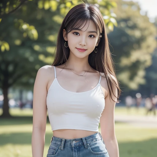 best quality, realistic, Wallpaper CG with excellent details Unity 8,000, depth of field, cinematic light, lens flare, ray tracing, ((an exceptionally beautiful face, beautiful nose, beautiful lips, beautiful eyes)), ((Face with fine details)), ((Very transparent and natural skin)), ((asian young woman)), ((small smile:1.3), (blurred background), (bright lights), (There are no people in the background:1.3), ((clear eyes)), ((front pose)), ((pale skin)), ((look at me)), ((full body shot)), ((light brown hair)), ((A thin waist)), ((natural arm movements)), ((Fine-grained fingers)), ((precise fingers)), ((white crop top)), ((long jeans))、((medium boobs)), ((medium ass))、((Long limbs))、((Full-body depiction))、((stand))、((Full-body depiction))、((thick thighs))、((stand)), ((standing on the lawn in the park))