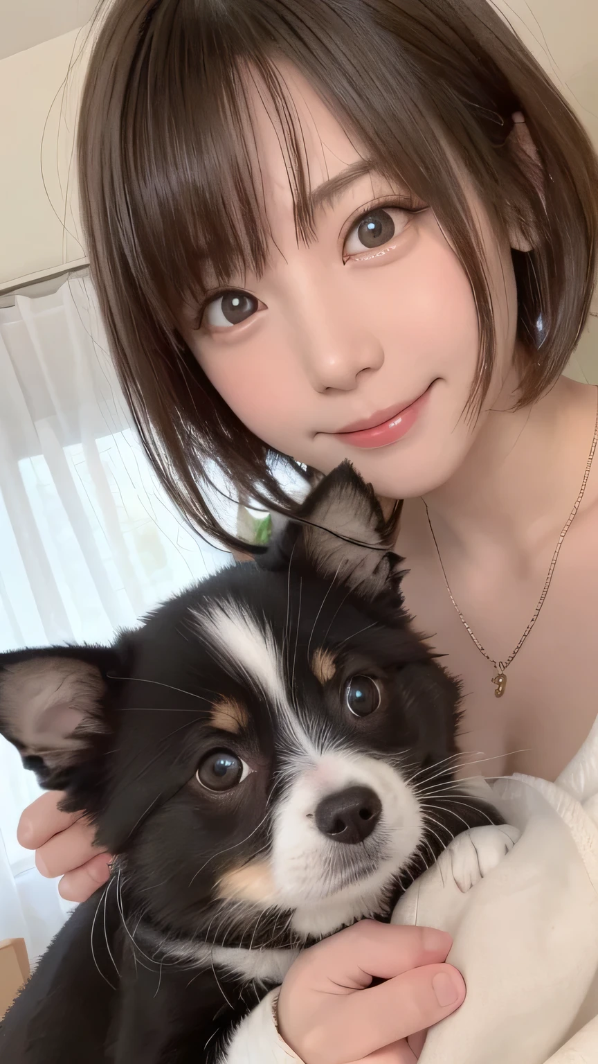 closeup shot , Best picture quality (8K, high resolution, Masterpiece: 1.2), super detailed,  215 Short Hair, 16-year-old woman, Situations where you can interact with pets: Pets（Dogs and cats）A scene where they play together。
angle: A scene with Pets shot from a low angle。A close-up of a hand petting a pet、Capture the moment of eye contact。, random cute pose ,big eyes:1.3 ,Puffy eyes ,  Heart Pupil, blush  , huge shy smile , salute