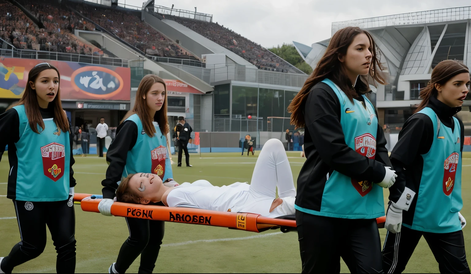 a soccer scene in a german sports stadium, injury scene in a sports stadium, stretcher carry, an injured soccer player is lying head first on his back on a stretcher and is covering his head with the hand, there are four young schoolgirls in shiny leather-trousers carrying a stretcher, there are four longhaired schoolgirls in high-shine latex-leggings who are carrying a stretcher in a german sports stadium, there is a wounded male soccer player in a short sports outfit lying head first on the stretcher, an injured male soccer player is lying head first on his back on a stretcher and is covering his agonised face with a hand, a soccer player is rearing up in intense pain while lying head first on his back on a stretcher and covering his head with a hand, dramatic scene, theatralic posing scene, dramatic pity scene, injury soccer, first aid, help, pity, there are four very angry looking schoolgirls in shiny latex-trousers who are looking very sad and very terrified and very shocked, the injured soccer player is screaming out in pain while he is carried from the pitch on a stretcher