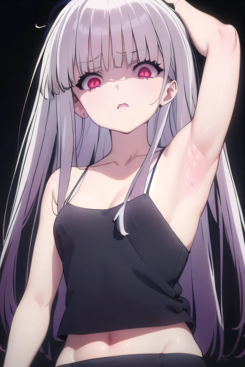masterpiece, best quality, ultra-high-detailed, Disgusted face, white hair, red eyes, sigtuna julie , small chest , looking to viewer, deep eyes, glare eyes, camisole, croptop, bare shoulder, focus to face, black background, upper body , cleavage, sweated a lot, one arm up, armpit crease, armpit pits, armpit warm, arm behind head, sweaty armpit