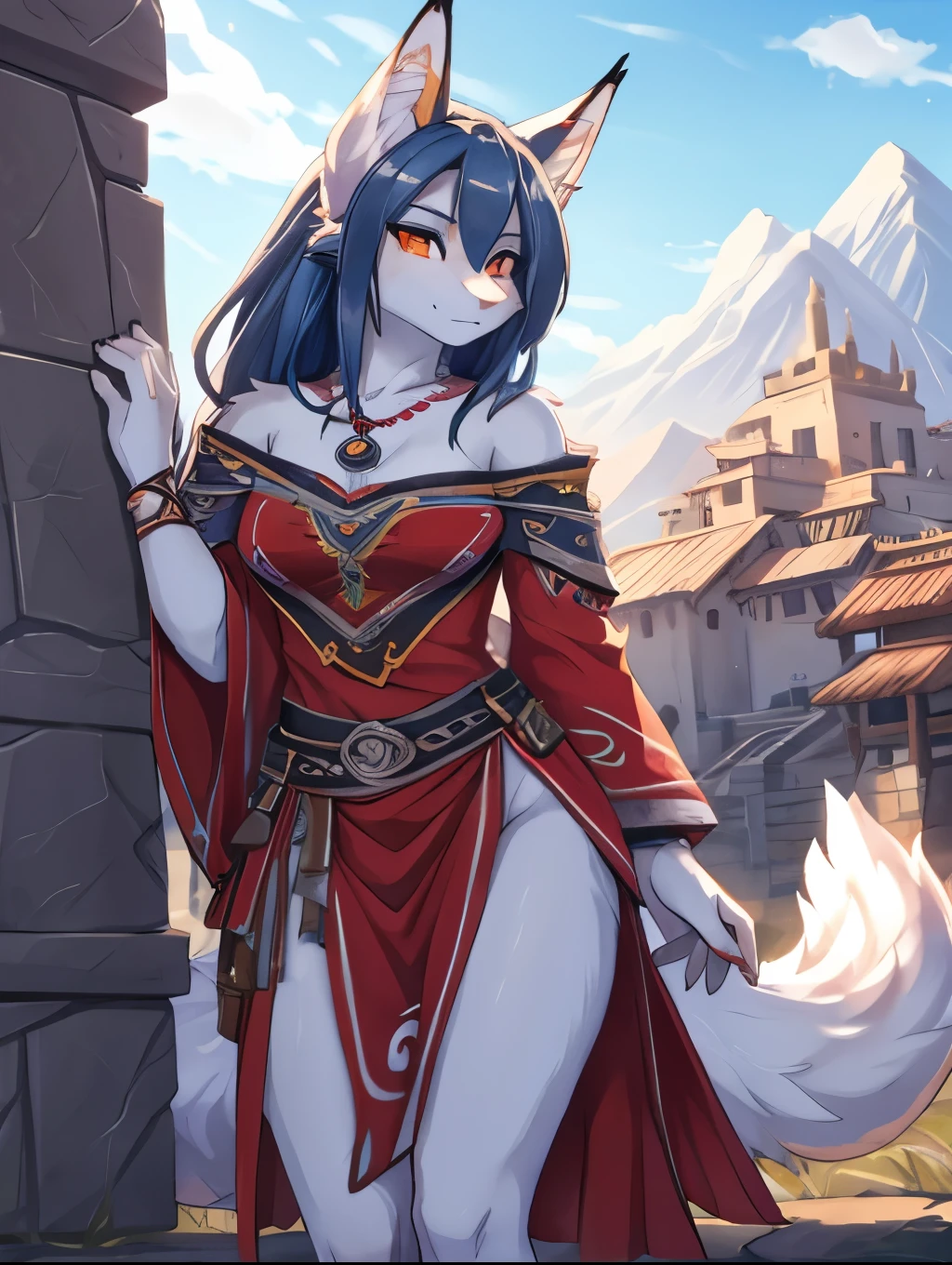 Setsuna, clan de los lobos gelidos, 18 years old women, alta definicion, orejas de kitsune, alta definicion, delantal blanco, fullbody picture alta definicion.