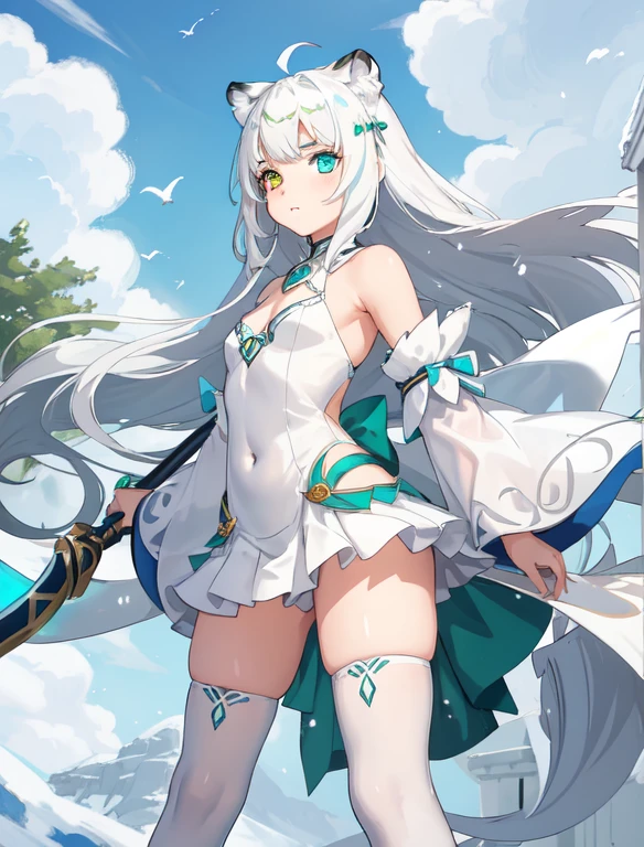 A small with a flat AA-size chest. Her proportions include an extremely flat chest. She has heterochromia, her right eye is a deep emerald green, and her left eye is bright diamond blue. Her features include snow-white hair fluttering behind her, ears of a white tiger atop her head, and a tail of a white tiger. She sports a flowing white cloak that billows behind her and dual-wields two white swords. Her stance is confident and mature, her expression focused and calm. Her clothes cover her completely. Make sure to include a tail of a white tiger on her tailbone. no animals in picture, angel-like cuteness