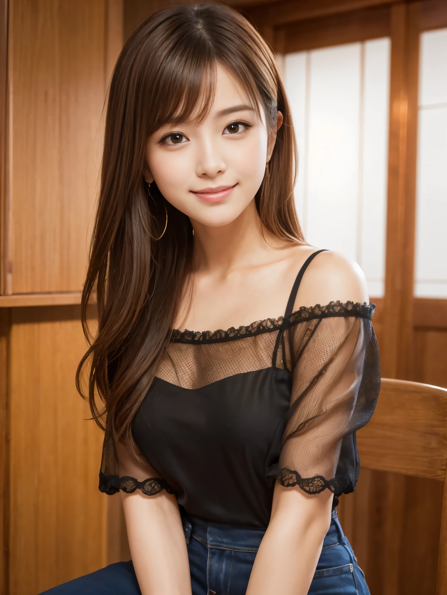 Ultra-high resolution, Superior Quality, highest quality, Very detailed, Realistic, 8k, RAW Photos, highest quality, masterpiece, Attractive girl, Awesome girl, Black Hair, Shoulder-length layers, Mesh Hair, Japanese Idols, Sophisticated, stylish, blouse,smile、Random cute poses