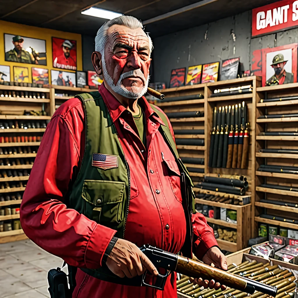 An old man with a war face and a cigar, dressed in red camouflage military clothing, surrounded by bullets,He's in a gun store  ,style grand theft auto, portair hd