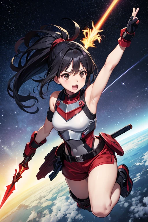 Anime drawings、Full body portrait、Space SF Armored Warrior、A woman of about 18 years old, about 150cm tall, wearing a red breastplate and shorts, jumps in with a spear、Bullish expression、Open mouth and screaming、Hairstyle: short ponytail、Black Hair