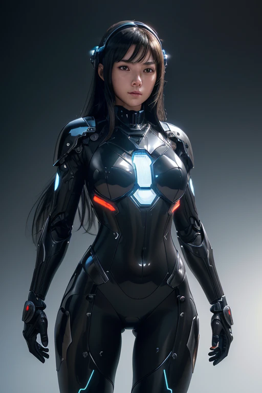 (((medium full shot))), (photorealistic, photorealism, best quality, ultra-detailed:1.3), (nice hands, perfect hands), official art, cinematic light, (1girl:1.3), adult, mecha female cyborg with dark-colored glossy armor sexy bodysuit, black long hair, headgear with mechanical facial visor, body armor elements, subsurface scattering, octane Render 
