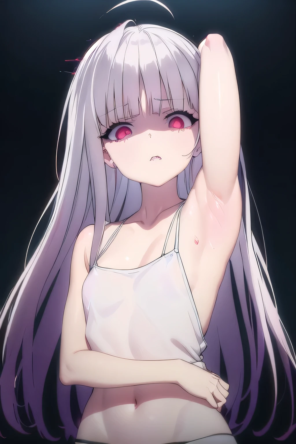 masterpiece, best quality, ultra-high-detailed, Disgusted face, white hair, red eyes, sigtuna julie , small chest , looking to viewer, deep eyes,  glare eyes, camisole, croptop, bare shoulder, focus to face, black background, upper body , cleavage, sweated a lot, one arm up,  armpit crease, armpit pits, armpit warm, arm behind head, sweaty armpit 