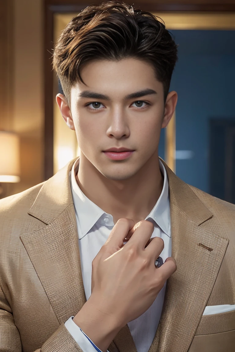 Ultra wide angle,((masterpiece)),((best quality)),8K,High Detail,Very detailed, 2 handsome muscular boys,Very manly,golden brown eyes,Fashionable short hair,Vivid male image, fashion pose, masculine expression,Real skin texture, ((Perfect hand details)),((Real and complete hand details)),Light,
Royal blue style couple,White male model photos
