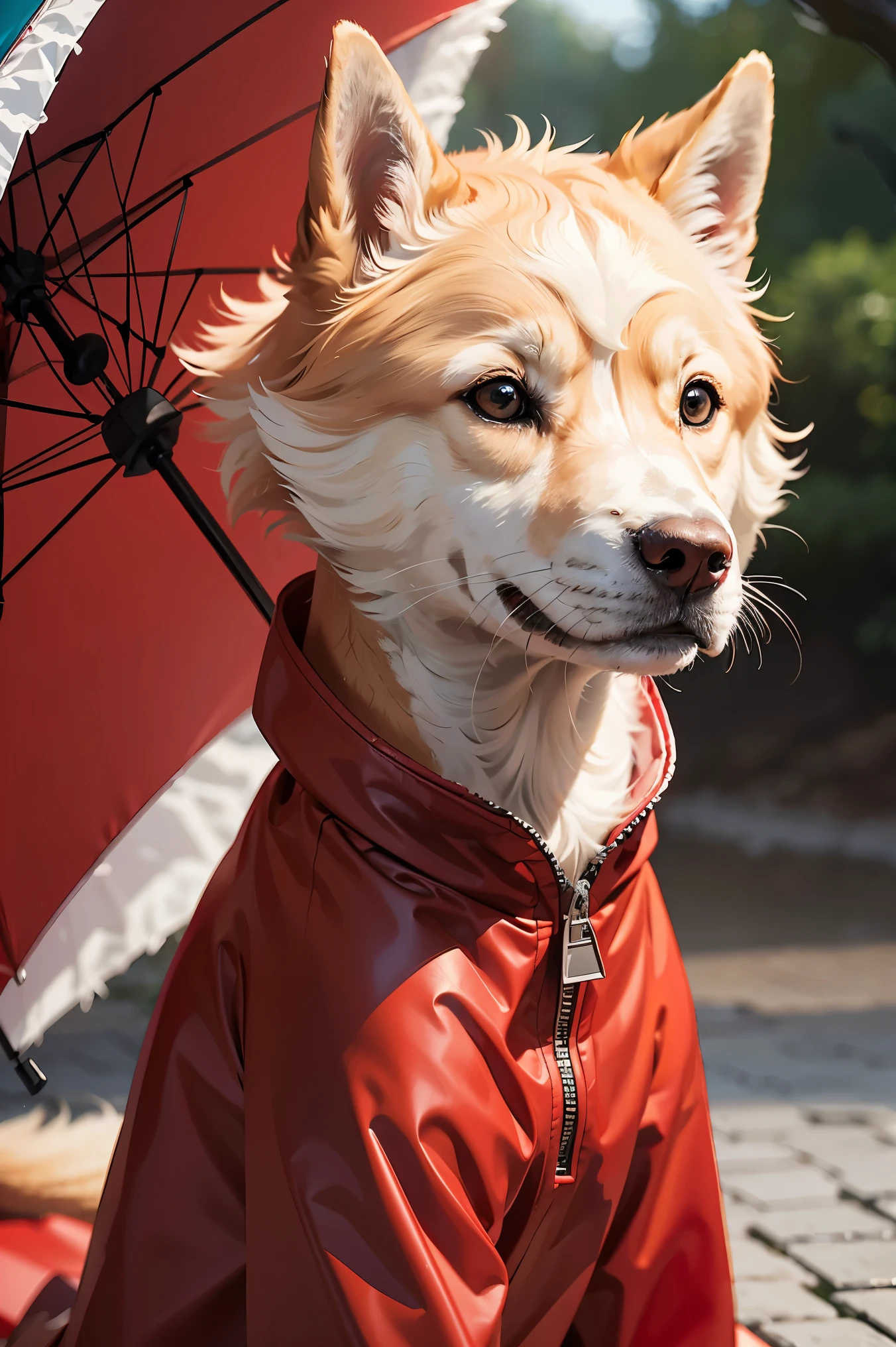 animal, Hachiko in a red raincoat, raining, park, digital storybook illustration, textured brushwork, sharp focus, high detail, blurry background, 8k resolution