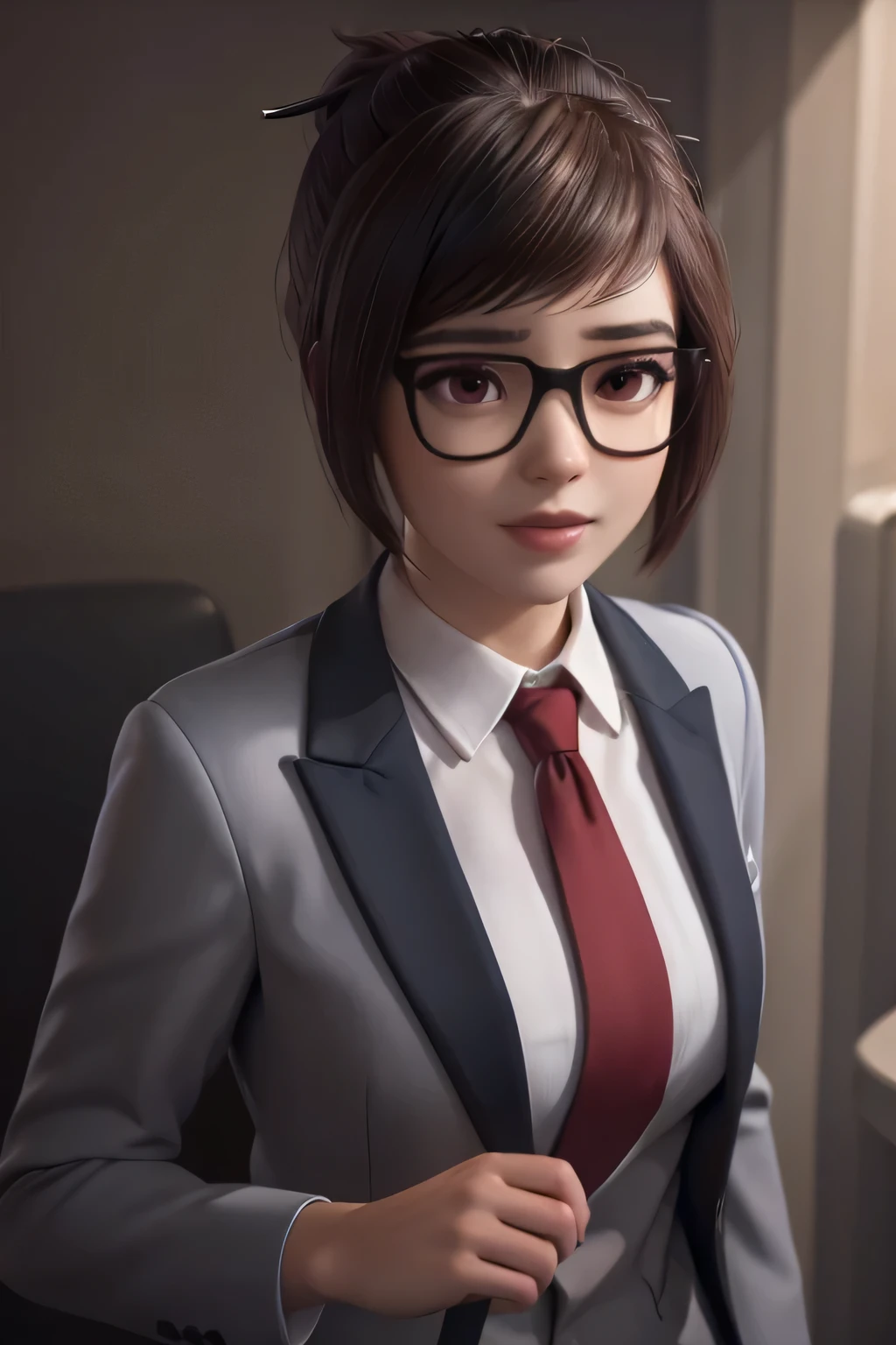 realistic, realism, photorealism, photo-realistic, high contrast, (photorealistic:1.4), 8k high definition detailed realistic,  (best quality, masterpiece:1.2),  photon mapping, radiosity, physically-based rendering, best quality, highly detailed, 1girl, owmei, cream skirt suit, suit and tie, (((three-piece suit))), pink silk dress shirt with white collar, shirt and tie, (((maroon necktie))), ((blazer)), ((suit jacket)) ((waistcoat with lapel)), (((bodycon pencil miniskirt))), formal, business, red lipstick, smile, hair bun, glasses, sitting, (((high collar))), (((tailored bespoke suit))), hair pin, bedroom eyes, smirk, confident