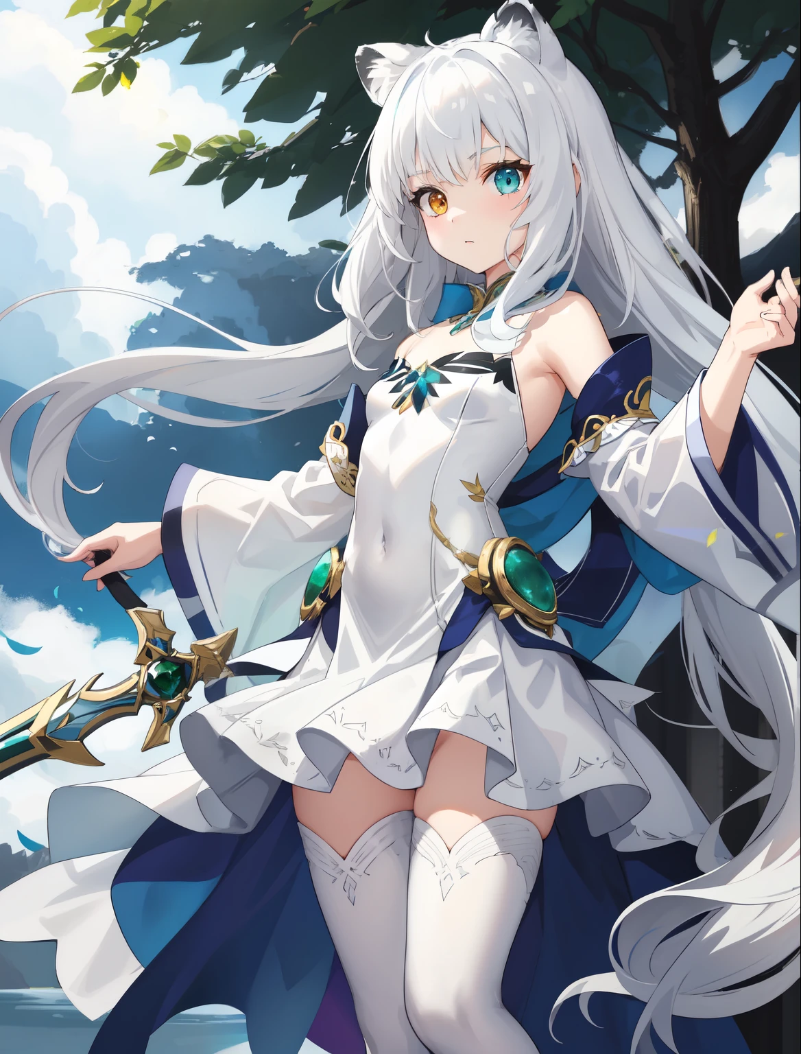 A small 10-year-old girl with a flat AA-size chest. Her proportions include an extremely flat chest. She has heterochromia, her right eye is a deep emerald green, and her left eye is bright diamond blue. Her features include snow-white hair fluttering behind her, ears of a white tiger atop her head, and a tail of a white tiger. She sports a flowing white cloak that billows behind her and dual-wields two white swords. Her stance is confident and mature, her expression focused and calm. Her clothes cover her completely. Make sure to include a tail of a white tiger on her tailbone. no animals in picture