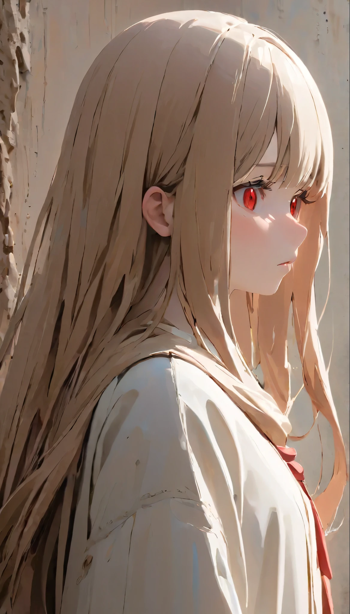 clay, Pottery, Thin fabric, Confused, dirty, mineral pigments, 3D clay sculpture art, clay sculpture, Rough surface,One Girl, alone, board member, White Hair, Red eyes, Long Hair, Blunt bangs, Natural light,(highest quality:1.2),ultra-light clay, woman, Woman's body,Long Hair, Gentle expression, close your eyes
