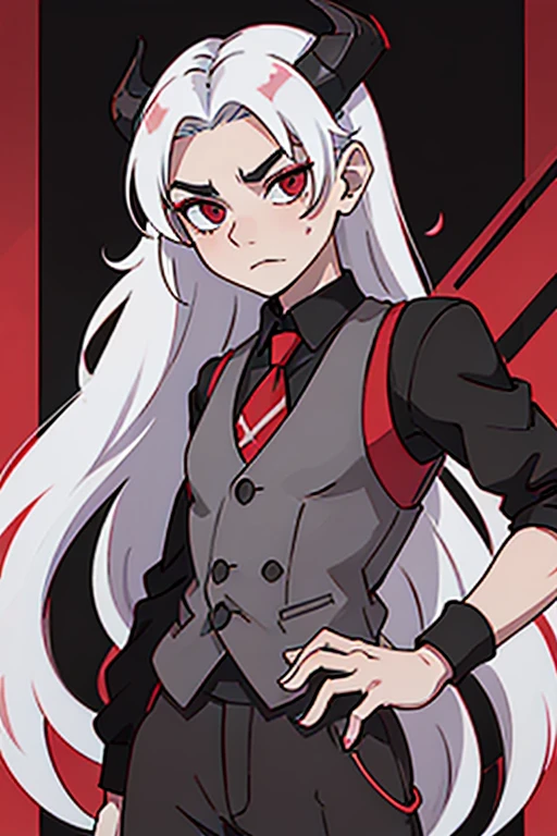 man with pale skin, crimson eyes, mid-long white hair and black goat-like horns and a manly, badass face. wearing a red shirt rolled up to the elbows, with a black dress vest buttoned on top, with black dress pants with a black tail that ends in a red triangle.