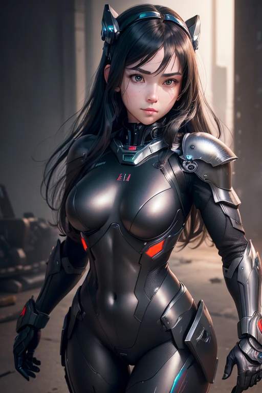 (((medium full shot))), (photorealistic, photorealism, best quality, ultra-detailed:1.3), (nice hands, perfect hands), official art, cinematic light, (1girl:1.3), adult, mecha female cyborg with dark-colored glossy armor sexy bodysuit, black long hair, headgear with mechanical facial visor, body armor elements, subsurface scattering, octane Render 