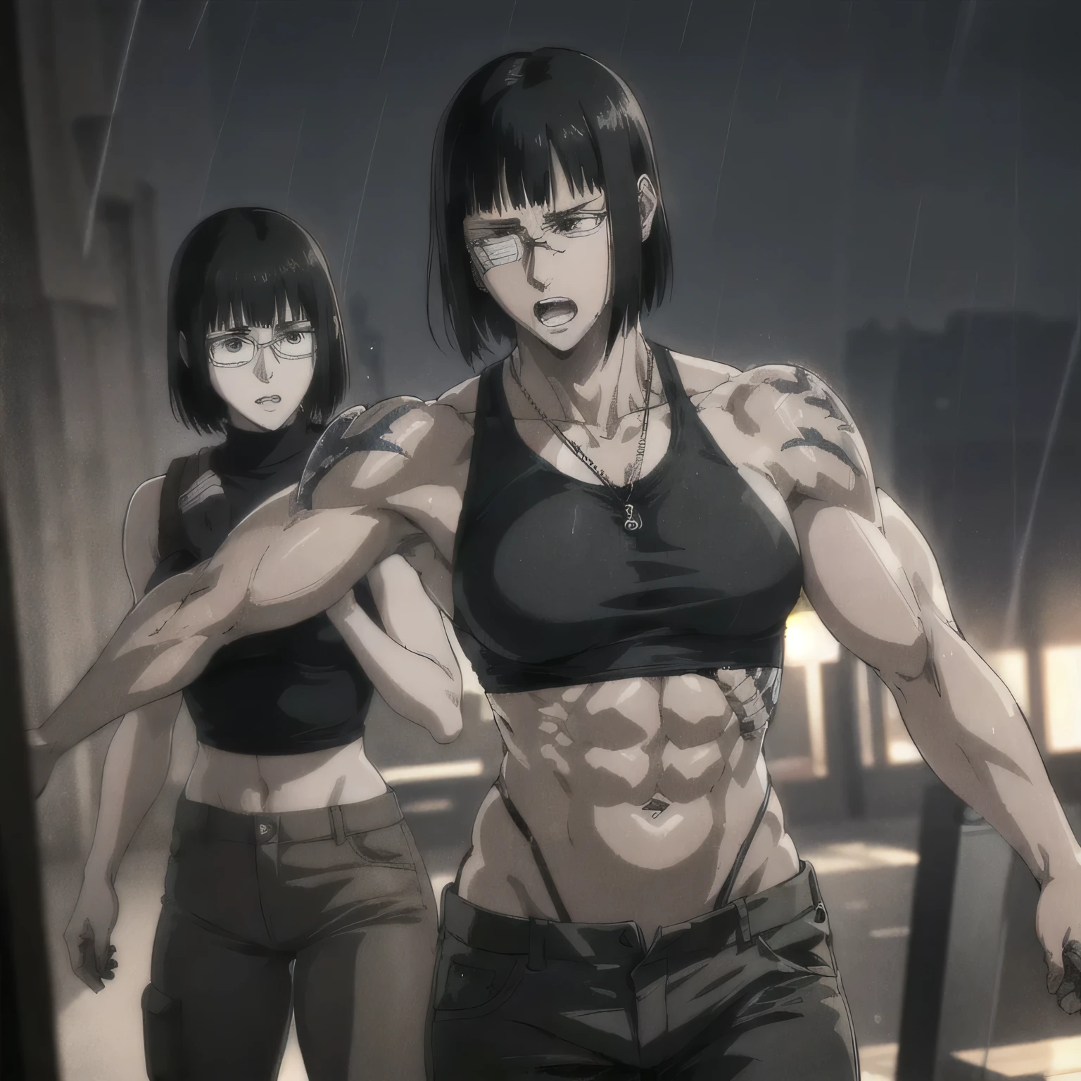 (best quality,ultra-detailed,realistic:1.37),musclaur badass girl with sculpted body with preview her musclaur body and six-pack, full review of the female character's face and body, intense expression,studio lighting, vivid colors, physiologically-based rendering, grungy texture, rugged background, dust particles in the air, commanding presence, professional, powerful, gritty aesthetics,,Valmet،short hair،tattoos on shoulders,,Shining muscles, muscle protrusion,wearing military black male underwear with black midriff tank top and combat trousers,necklace,training hard,dick growth inside pants,Valmet have a dick,An erect dick inside pants,stand fight position with her muscles and six-pack and growth dick inside pants,training in The middle of the square,rain,raining,rainy weather, eyepatch,from behind,back muscles,angle close to neck