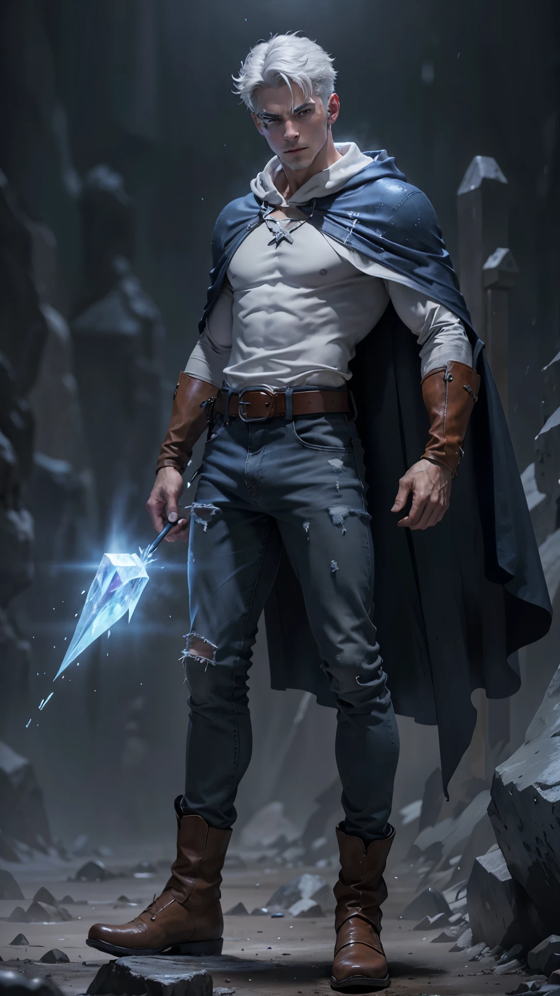 Design 1wizard man throwing a ice beam. Young man with ice  hooded cape.Light gray hair Gray eyes Wearing a white button-down shirt Wearing blue jeans Wearing a brown belt Wearing short brown boots Wearing blue gloves on your hands. epic.cinematografico