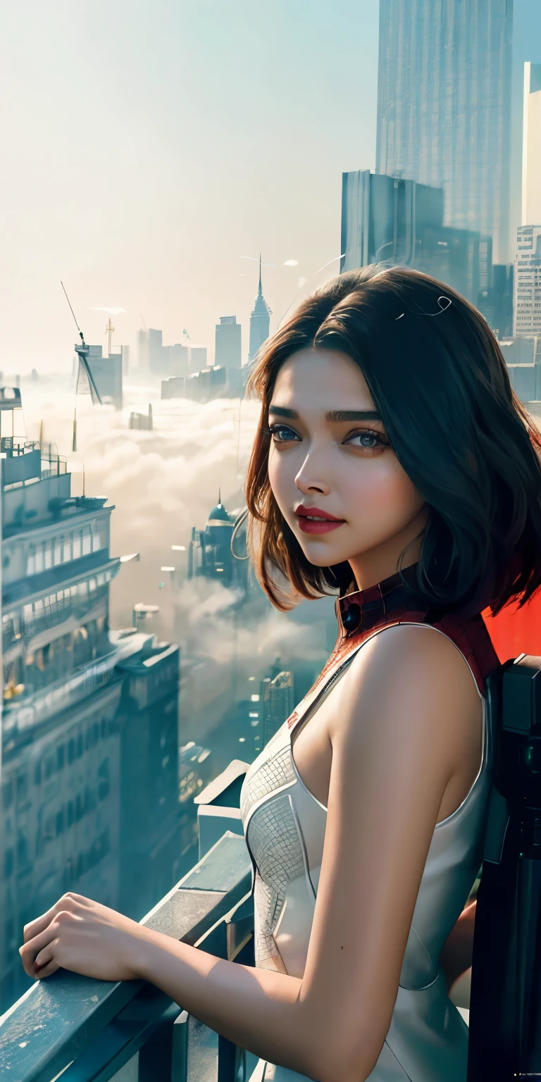 (1girl:1.3), Solo, (((deepika padukon )))), ((Very detailed eyes and face)))), , Body parts__, Official art, Unified 8k wallpaper, Super detailed, beautiful and beautiful, beautiful, masterpiece, best quality, original, masterpiece, super fine photo, best quality, super high resolution, realistic realism, sunlight, full body portrait, amazing beauty, dynamic pose, delicate face, vibrant eyes, (from the front), She wears Spider-Man suit, red and black color scheme, spider, very detailed city roof background, rooftop, overlooking the city, detailed face, detailed complex busy background, messy, gorgeous, milky white, highly detailed skin, realistic skin details, visible pores, clear focus, volumetric fog, 8k uhd, DSLR, high quality, film grain, fair skin, photo realism, lomography, futuristic dystopian megalopolis, translucent