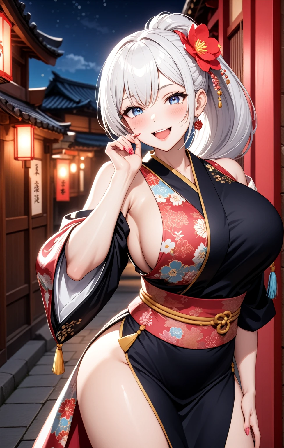 ((one personの女性)), Beautiful Face,Laugh shyly,((Wink:1.7)),Laughing with your mouth open,turn bright red,Glossy pink lips,night,Shrine festival sexpensives,((Anime style background)),masterpiece, highest quality, so beautiful, Latest, Complex details, (Pink long nails),AI-generated, Complex,High resolution, highest quality, super high quality,3D Images、View your viewers、3D Images,one person,Long white hair,High Ponytail,blue eyes,Anime woman posing for a photo, [[fine grain、Colorful eyes、Shining Eyes:1.15]],(Squint your eyes:1.1),a hyperRealistic , hyperRealistic , Realistic,Anime woman with long and white hair, Smooth anime CG art, A woman in a colorful kimono with gold embroidery, (Black kimono),Red floral pattern,Long flower hair ornament,Big earrings,(Big Breasts:1.1),Mature Body,expensive,Big Ass,Fine details,Tight waist,Abdominal muscles,(Face close-up:1.5),Tilt your face,Shooting from an angle,Leaning forward