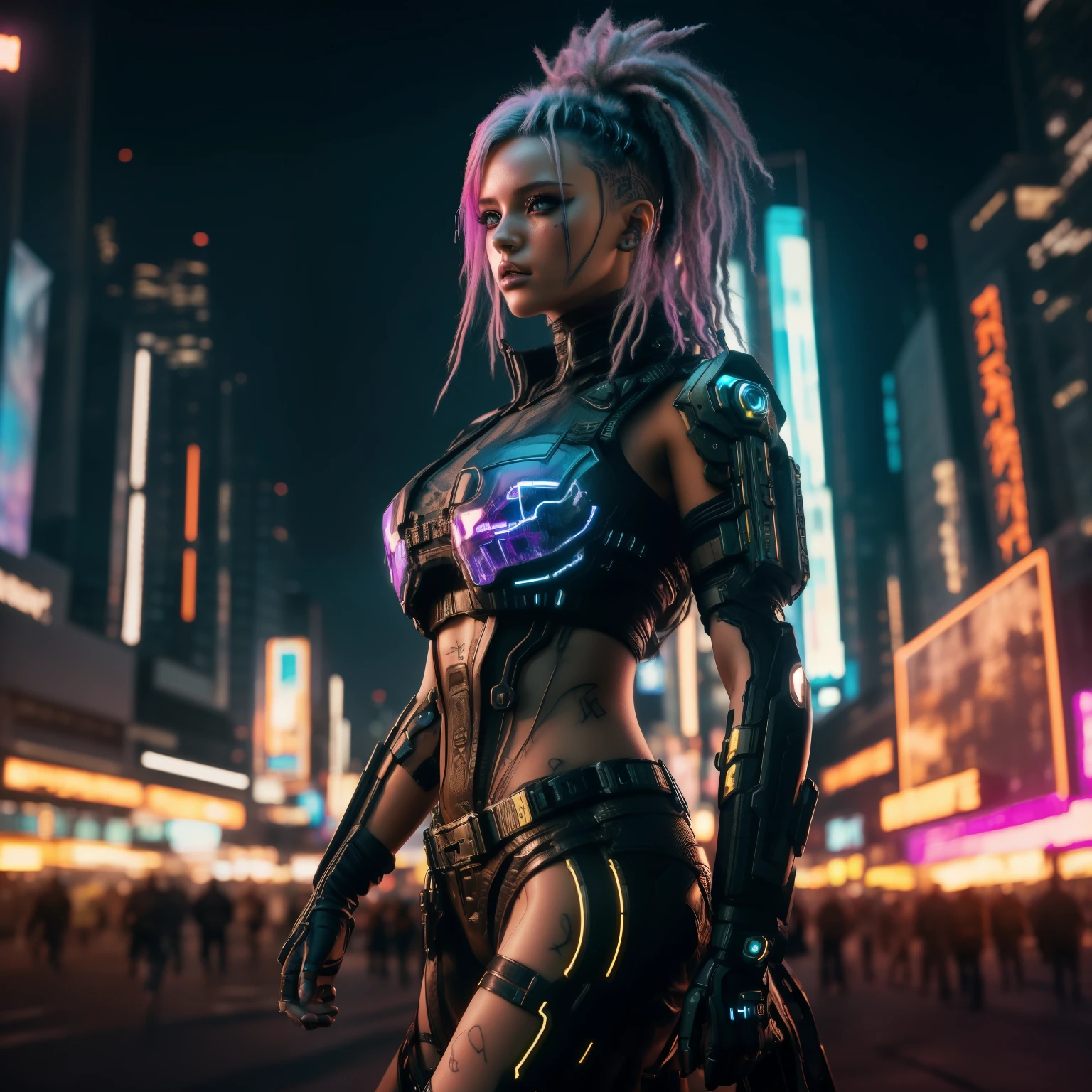 Cyberpunk girl, (top quality, 8K, 32K, masterpiece), (Ultra-high definition), (Photorealistic: 1.4), dynamic pose, cowboy shot, fashion cyberpunk, Depth of field, The background of the city is cyberpunk, cinematic lighting .