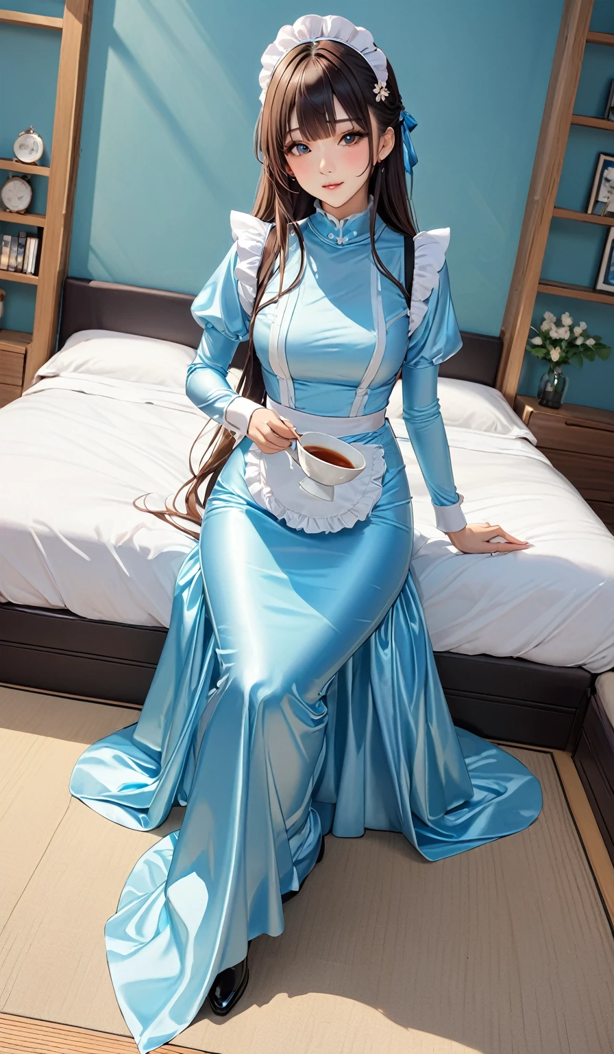 (masterpiece,highest quality,超A high resolution),Japanese women, (((Very beautiful 25 year old girl))), pretty girl、強い光沢のSatinのメイドドレスは胸元を露出せず体全体を完全に覆っている.、(Shiny light blue long sleeve maid dress)、High neck shirt、Mermaid-style long skirt、Satin