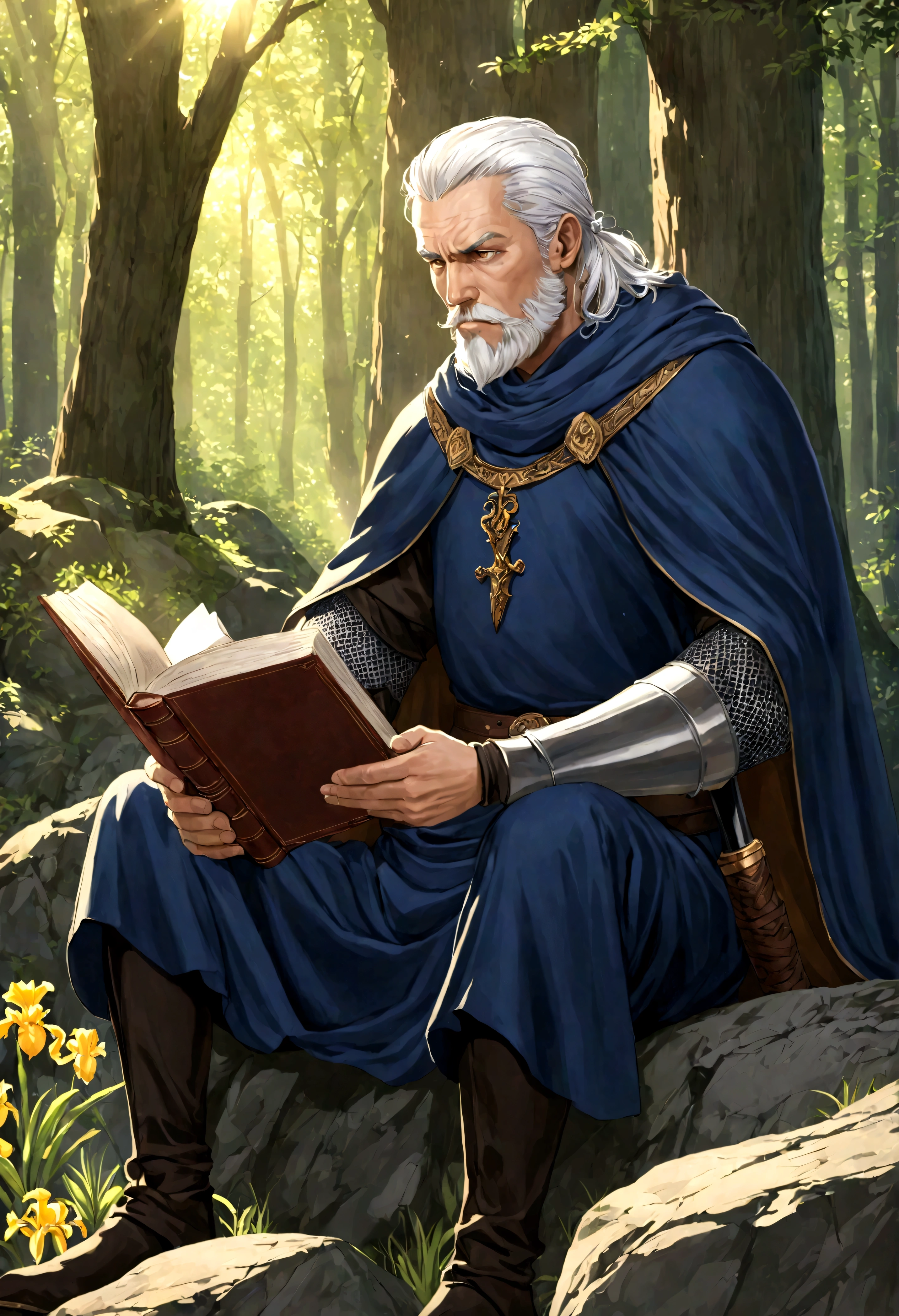 It was medieval. A 60 year old man who is a swordsman. Golden eye iris, serious look, white hair combed back, short beard well combed. Dressed in a dark blue outfit and brown cape. Sitting on a rock in the forest. Reading a book, sword sheathed at his waist. The sun's rays hovering over him. (Detailed eyes, detailed sword, detailed book.)