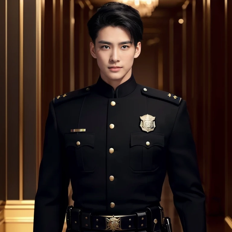 A man in uniform stood in the hallway with a gold belt., officer, wearing a เครื่องแบบpoliceman, beautiful androgynous prince, police officer, in black, character design Police Man, Very handsome, very realistic, เครื่องแบบpoliceman, The delicate androgynous prince, character design Police Man!!, in black military uniform, uniform background, policeman, Police Man!!