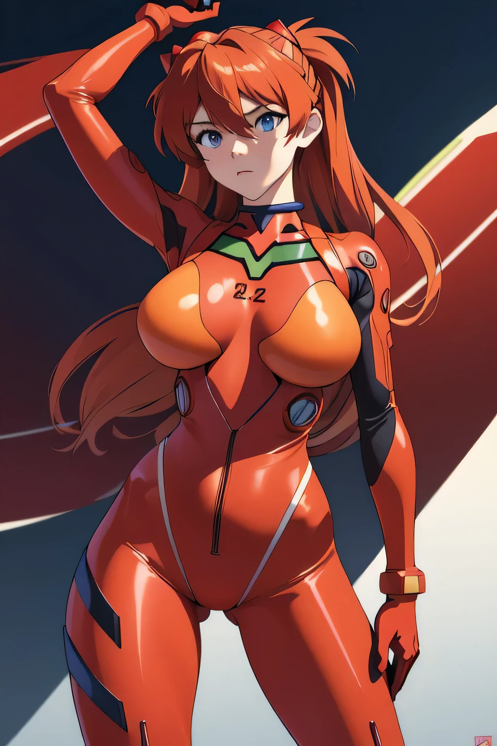 (masterpiece, best quality), 1girl, beautiful face, beautiful body, souryuu_asuka_langley, plugsuit, bodysuit, interface headset, red bodysuit, hair between eyes, pilot suit, mature woman, huge breasts, sexy, seductive, 