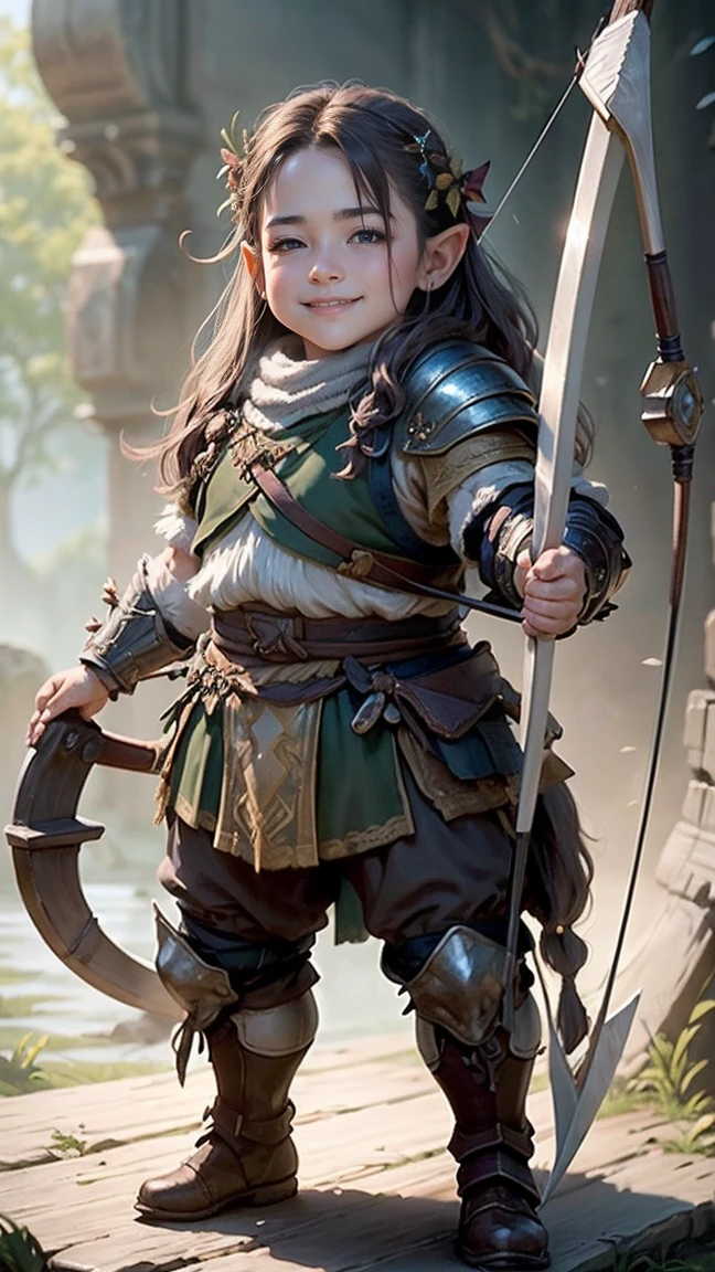 highest quality、masterpiece、8k、Realistic、超High resolution、Very delicate and beautiful、High resolution、Cinema Lighting、medium range shooting、Portraiture、Perfect Male Body、Opposition、Looking at the audience、((Dwarf:1.4))、Colours in harmony with nature、A smile suits you、((Durable Armor and Boots:1.6、Minimalist decor、Emphasis on mobility and protection、Equip a bow and arrow))、Warm and smiling、Be considerate、、Approachable、hole々walk with purpose、Confident Steps。