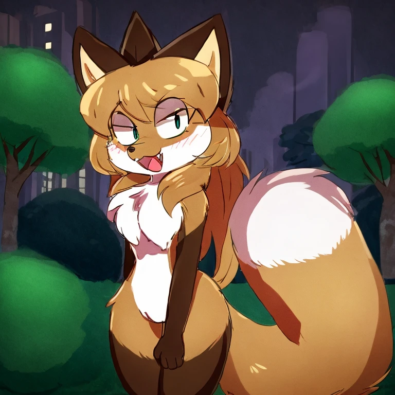 uploaded the e621, beautiful and detailed, woman (((female))) ((anthro)) Fox, (Averi, Fox girl), cinematic lighting, Fox, (anthro, fluffy fur), anthro fox girl, body fur, curvy, sexy, nice, cute, hot, comfortable anime-style cartoon-style, digital drawing, SFW, flat chest, nervous smiling, green eyes, sassy, sassy hips, smug, fangs, rainy, in a park, wet fur, night