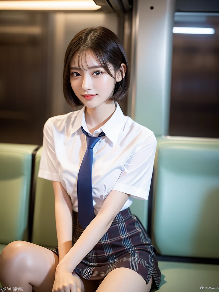A gorgeous Chinese lady, 13-year-old , sitting in an empty china bullet train at night, wearing a white short-sleeve blouse, plaid tie, and plaid mini-skirt, with a youthful, smooth complexion, symmetrical face,beautiful detailed eyes and lips, long eyelashes, a slender figure, and a friendly, approachable smile. She has short bob hair and a confident, poised demeanor. She's drenched from the heavy rain. The nightsky background is blurred with a Bokeh effect. (best quality,4k,8k,highres,masterpiece:1.2),ultra-detailed,(realistic,photorealistic,photo-realistic:1.37),HDR,UHD,studio lighting,ultra-fine painting,sharp focus,physically-based rendering,extreme detail description,professional,vivid colors,bokeh