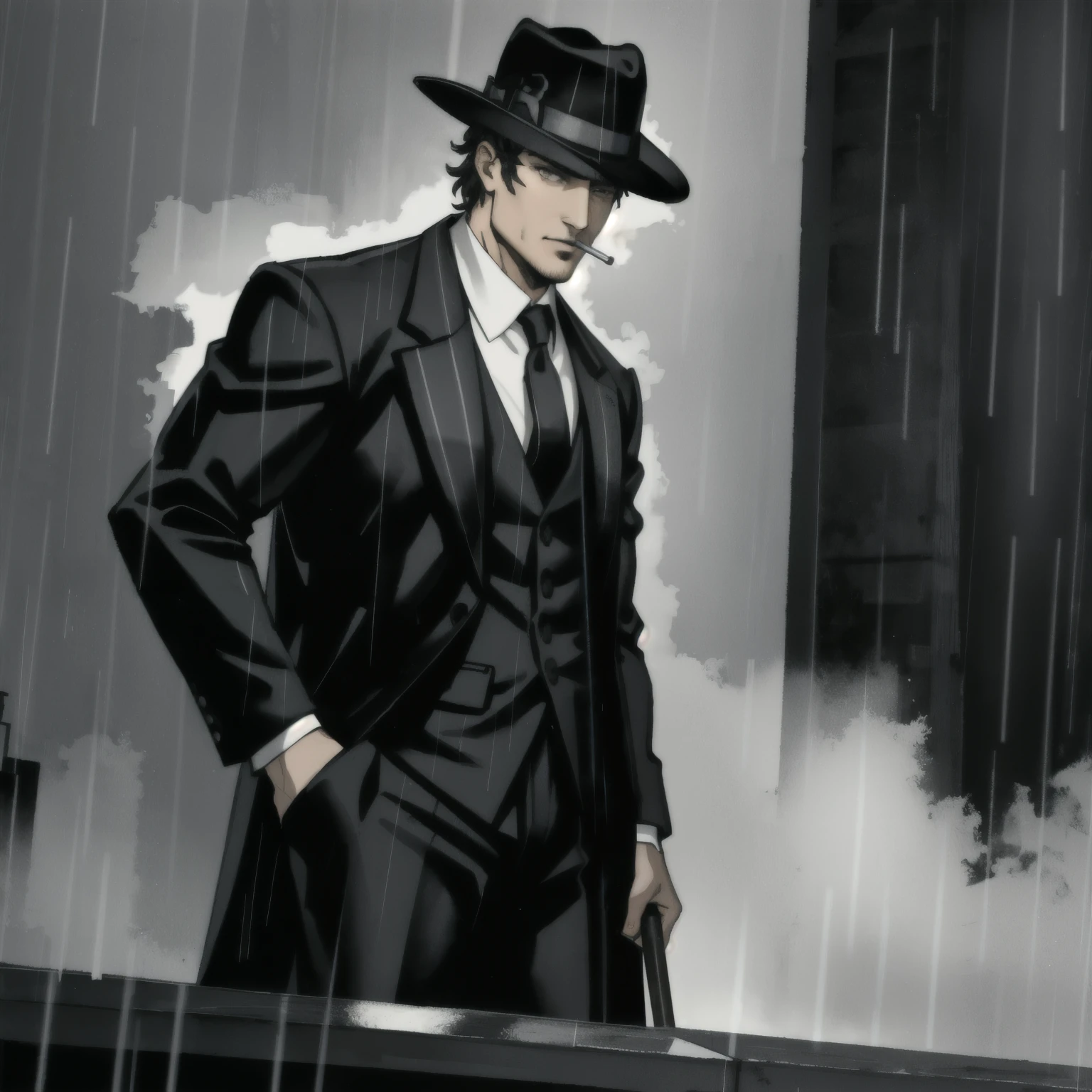 noir, man in business suit and fedora, bristle, rain, fog, detective, noir, cigarette, fire everywhere, (masterpiece:1.2), best quality, (hyperdetailed, highest detailed:1.2), high resolution textures