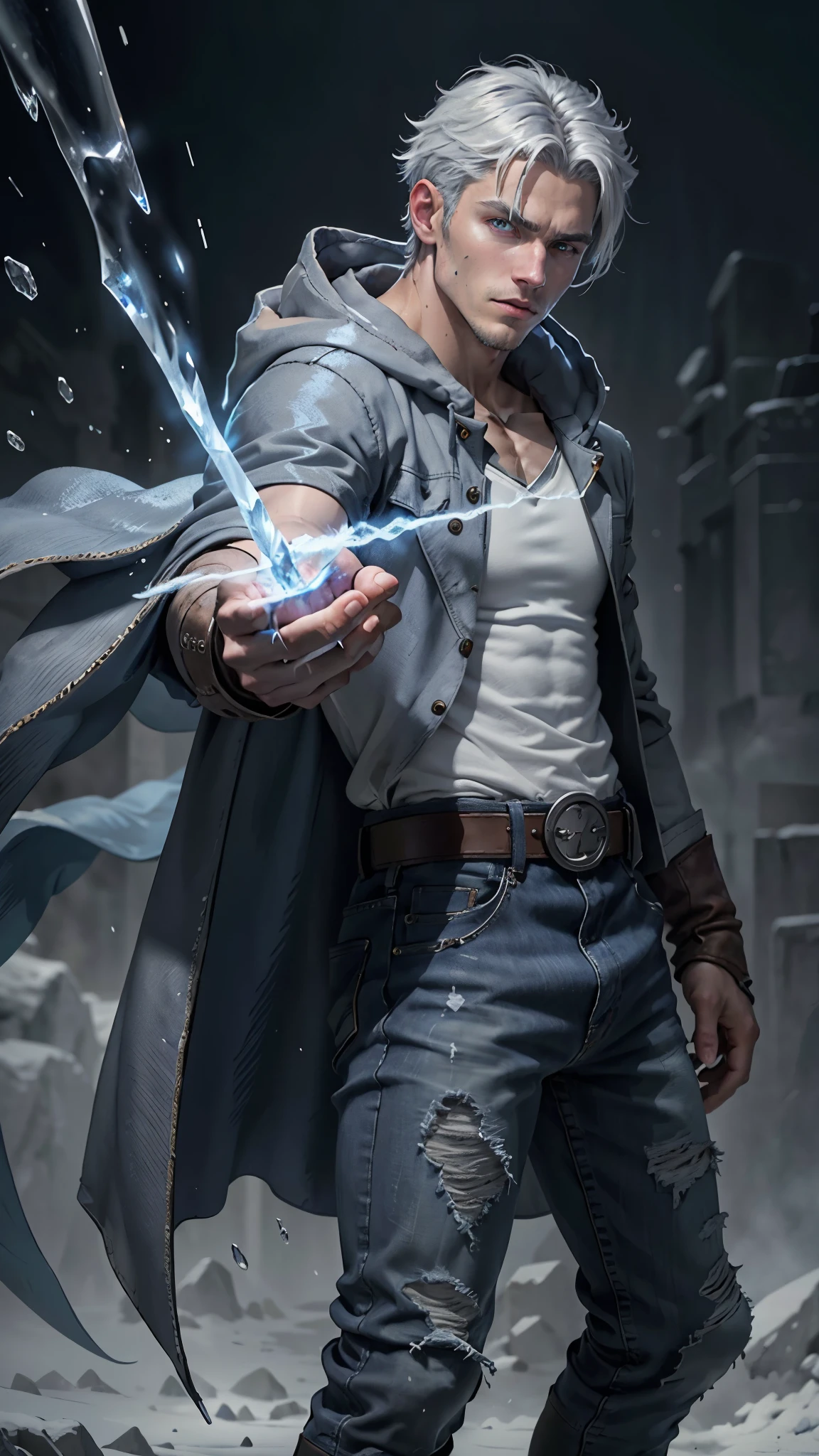 Design 1wizard man shooting a ice beam. Young man with ice  hooded cape.Light gray hair Gray eyes Wearing a white button-down shirt Wearing blue jeans Wearing a brown belt Wearing short brown boots Wearing blue gloves on your hands. epic.cinematografico