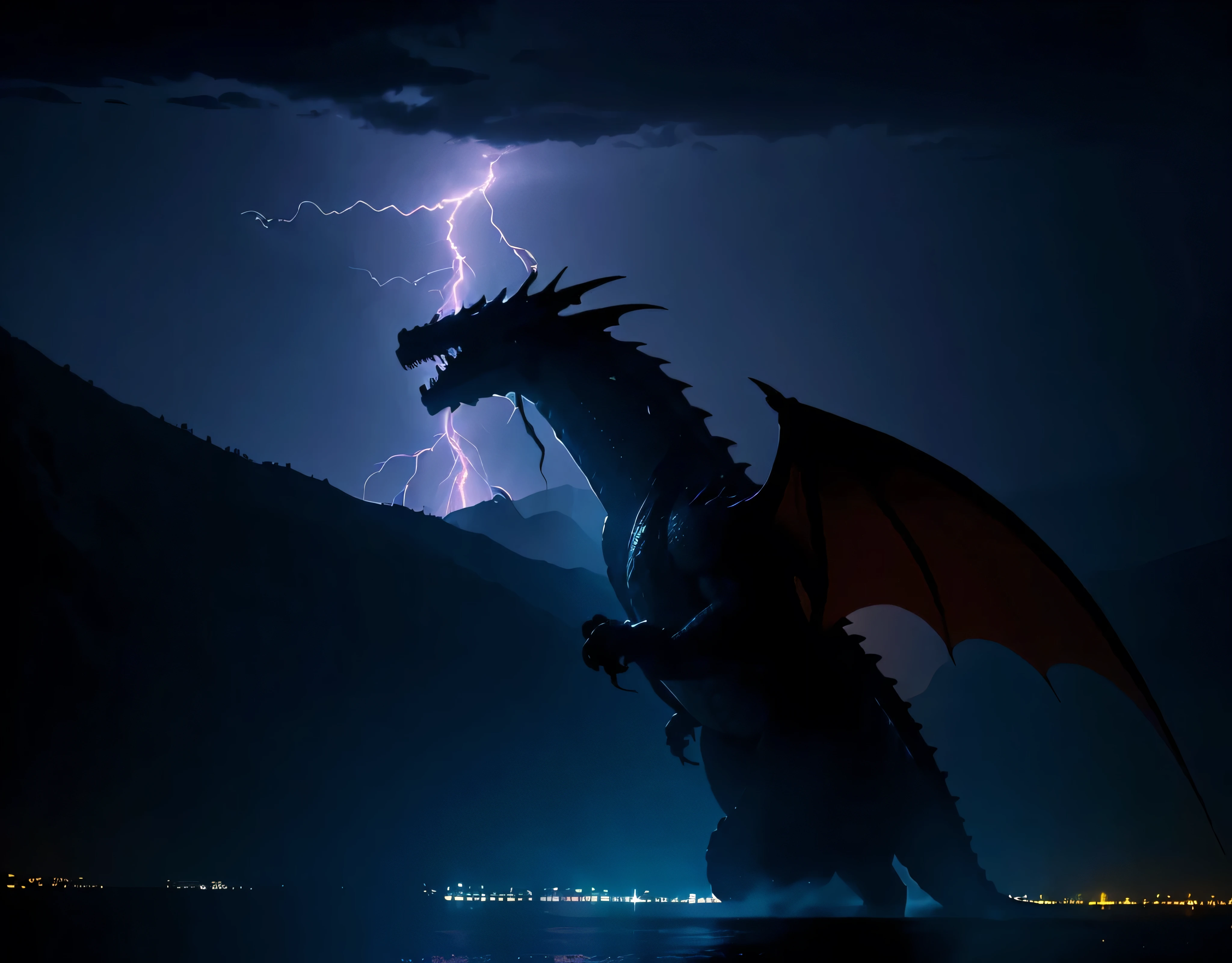 create a drawing of a large dragon breathing fire in the middle of a storm.
that reflects darkness and looks like it was made in adobe illustrator, make it look like 100% made digitally by a human.