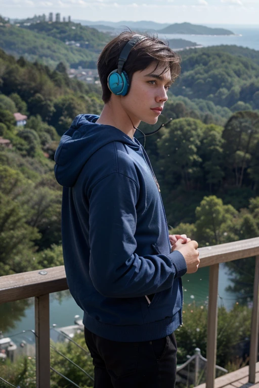 A good-looking boy with short hair, wearing pants and a blue hoodie jacket, stood by the high cliff, on a view deck, gazing at the beautiful scenery of the mountain and sea. He was in a side view position, wearing headphones.