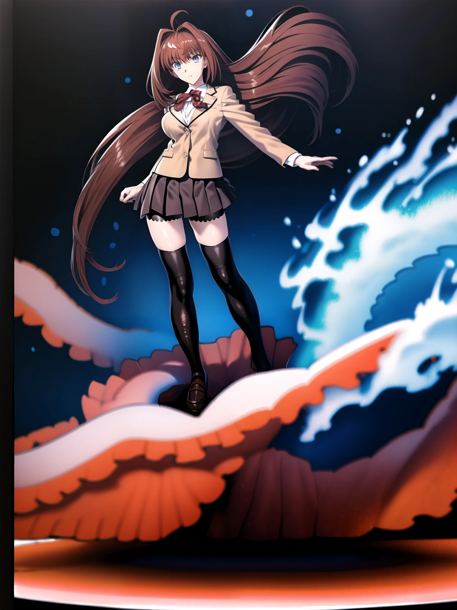 BREAK, centered. BREAK, (EMPTY BACKGROUND), BREAK, (masterpiece), best quality, high resolution, 8k, illustration, (beautiful detailed eyes:1.5), extremely detailed face, extremely detailed body, CG, perfect hands, perfect anatomy, (((1girl))), ((solo)), (((bbaoko))), ((2 legs max)), ((2 feet max:1.6)), ((swirling vortex shaped longest brown hair:1.5)), (brown longest hair with slightly reddish undertone:1.6), (lush luscious longest brown hair:1.6), (very long voluminous longest brown hair:1.5), serious, blue eyes, red bowtie, (Form-fitting beige blazer:1.5), brown jacket, (highly detailed beautiful face:1.2), (white shirt:1), (well shaped large breasts:1.6), (nice hips:1), (((Umber pleated thigh-high skirt:1.6))), (((black bike shorts:1.4))), (toned thighs:1.6), (jetblack thighhighs:1.6), (strap shoes brown color), (facing front:1.5), ((standing straight:1.5)), ((Fullbody in frame:1.6)), ((Full body:1.5)), ((takeuchi takashi:1.3))