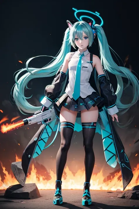 (full body) hatsune miku with a flamegun