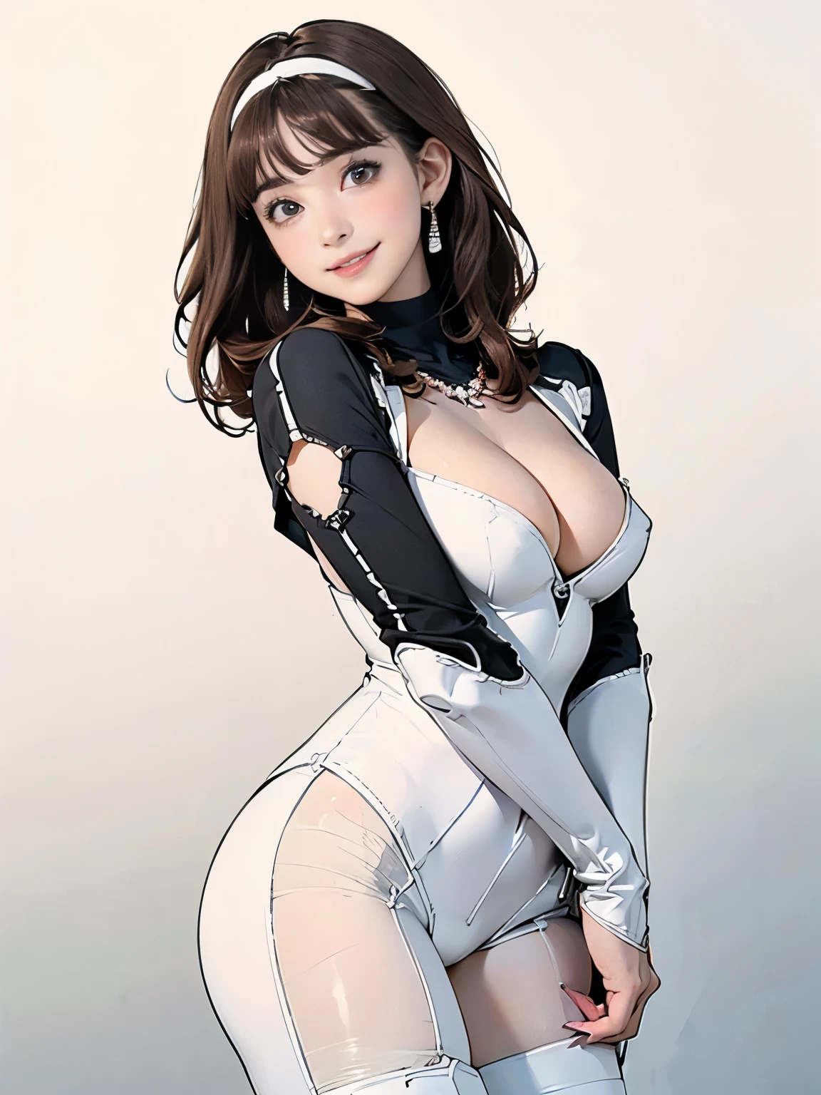 ((((highest quality))))、(((Ultra-precision CG16K wallpaper)))、(((masterpiece)))、(((Super detailed)))、(((Extreme detail)))、((１Mature 29 year old woman:1.6))、((Very beautiful Japanese faces))、((Mine Fujiko:1.5))、((Straight one-length medium hair、blunt bangs:1.5))、(Shiny brown hair)、Beautiful delicate eyes、Brown Eyes、eyeliner、Eyeshadow、High nose、Small nostrils、Small Mouth、Seductive lips、Beautiful breasts、((C cup size breasts))、Cleavage、Beautiful feet、eight-headed body、Perfect proportions、Perfect Anatomy、Perfect composition、Beautiful detailed shading、Beautiful, natural lighting、Beautiful detail glow、Depth of written boundary、(((High chroma)))、(((Real:1.9)))、((vivid:1.5))、((Beautiful Skin))、((Skin Texture))、((Realな皮膚感))、(((Cowboy Shot:1.6)))、((front view、shoot from front、Low - Angle:1.6))、(((smile:1.6)))、((The woman is facing forward and looking at the camera、looking at viewer:1.6))、Bright daylight、Natural light、(((background_Black:1.4)))、(Standing pose:1.6)、(((Ivory white bodysuit:1.6)))、((Earrings、necklace、Wearing a headband:1.5))、((Wearing knee-high boots:1.5))、