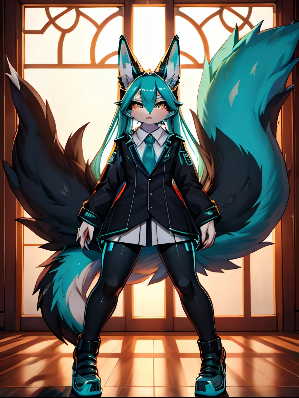 Miku Hatsune, 18 years old women, alta definicion, orejas de kitsune, alta definicion, delantal blanco, fullbody picture alta definicion, flaming eyes, evil eyes