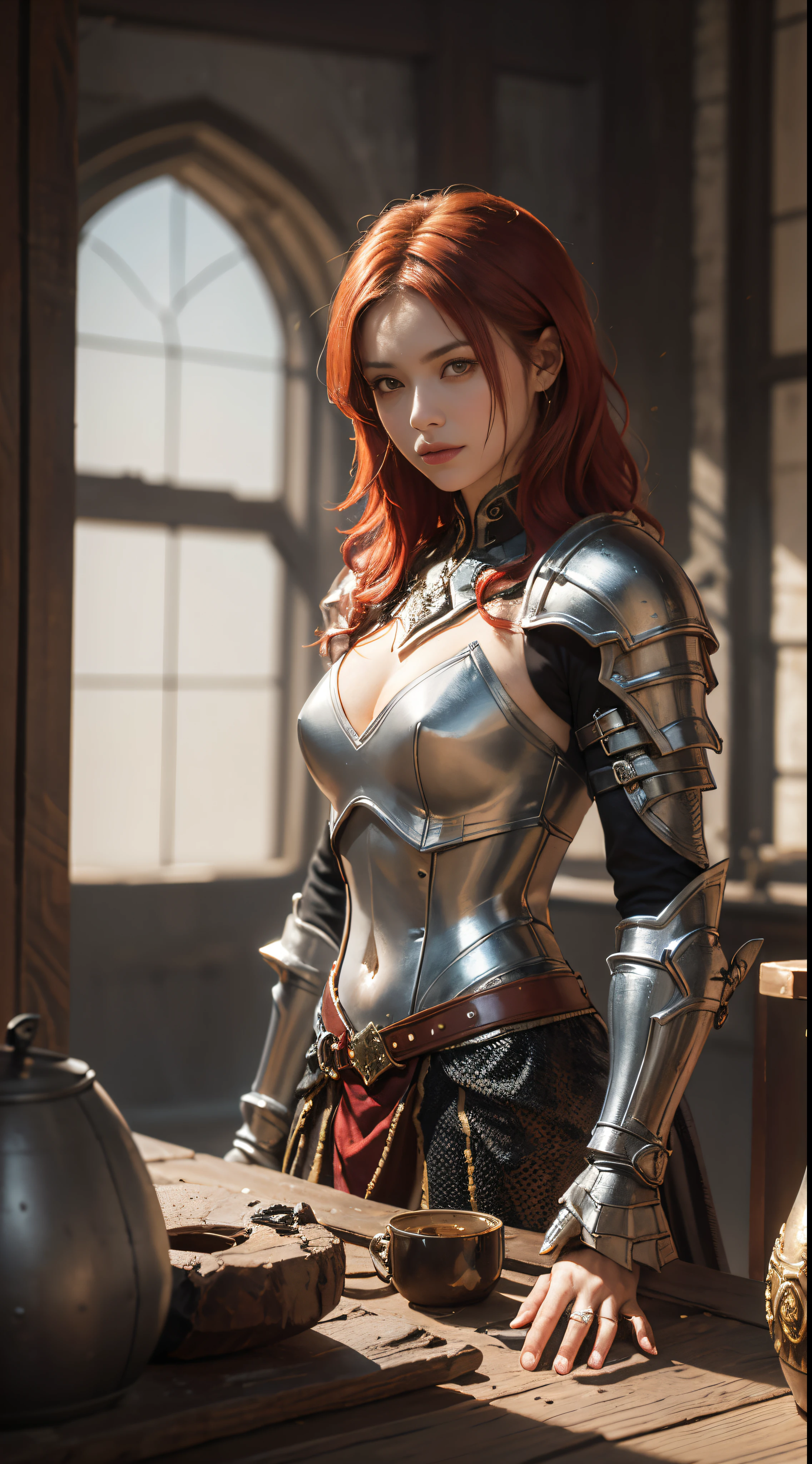 8K, best quality, High resolution, Practical, Real People, 可疑竞技场环境中的孤独warrior, No Demon King. warrior, Wear light，With a sly smile, Have a huge, Ornately decorated axe. They have short red hair.. The background is a mysterious and sinister arena, Full of danger and suspense. The lighting is dim and dramatic, 增强warrior的强烈和狡猾的外表.