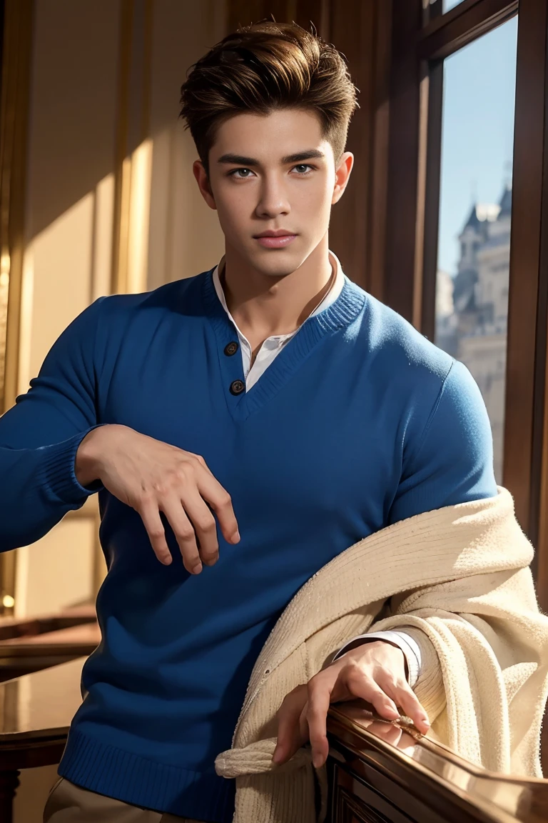 Ultra wide angle,((masterpiece)),((best quality)),8K,High Detail,Very detailed, 2 handsome muscular boys,Very manly,golden brown eyes,Fashionable short hair,Vivid male image, fashion pose, masculine expression,Real skin texture, ((Perfect hand details)),((Real and complete hand details)),Light,
Royal blue style couple,White male model photos
