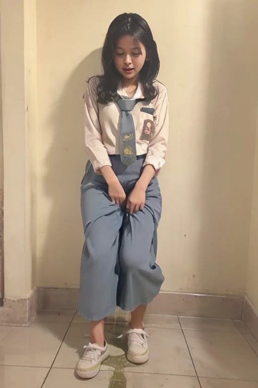 (urination:1.4), (pp clothes), (realistic), (peeing:1.3), (Indonesian face), A kidnap girl tie to a chair peeing in skirt, peeing herself, peeing, pissing, peeing self, wetting her clothes, can't hold her pee face, wetting herself desperate, pee desperation pose, her body can't hold her pee and wets herself, showing absolute desperation peeing herself, pee runing down her legs, standing up, hyper pee desperate face, big pee puddle.