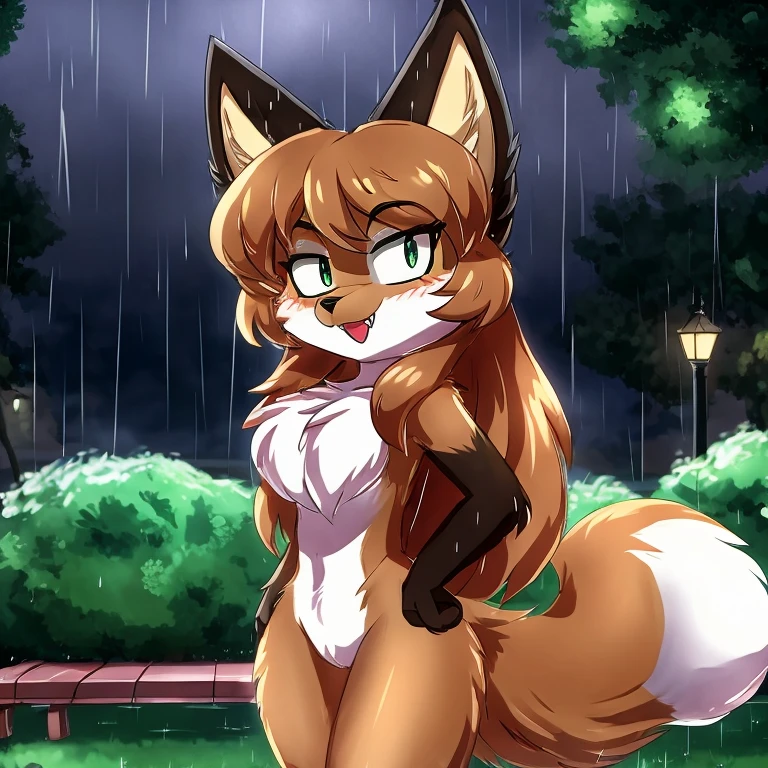 uploaded the e621, beautiful and detailed, woman (((female))) ((anthro)) Fox, (Averi, Fox girl), cinematic lighting, Fox, (anthro, fluffy fur), anthro fox girl, body fur, curvy, sexy, nice, cute, hot, comfortable anime-style cartoon-style, digital drawing, SFW, flat chest, chest fluff, nervous smiling, green eyes, sassy, sassy hips, smug, fangs, rainy, in a park, wet fur, night