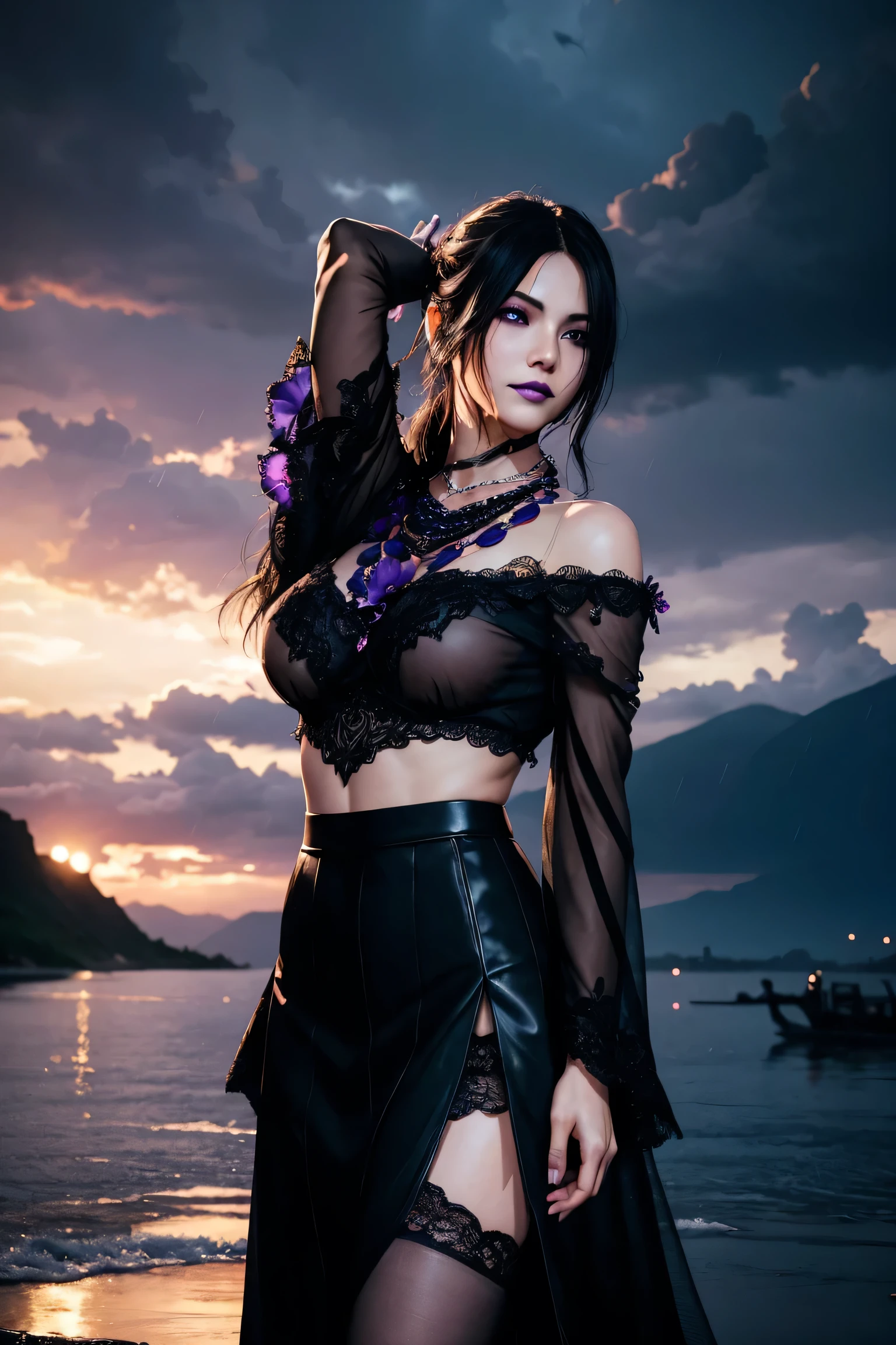 Lulu,Final Fantasy 10,FF10,Black Top,One Length,Let down one side of your bangs,Hide one eye,Beautiful purple eyes,White skin,Purple lips,Black long dress with fur,Long skirt,With fur,Black see-through blouse,Black fishnet stockings,Purple Necklace,super high quality,super high quality,masterpiece,Digital SLR,Realistic,Further details,Vivid details,Depicted in detail,Detailed face,Further details,Super detailed,Realistic skin texture,Based on anatomical grounds,Perfect Anatomy,Anatomically correct hand,Anatomically correct fingers,Complex 3D rendering,Sexy pose,Beautiful morning glory(flower),Rainy Sky,Beautiful scenery,Fantastic rainy sky,Picturesque,Pink Lips,smile,Fantastic butterflies々,