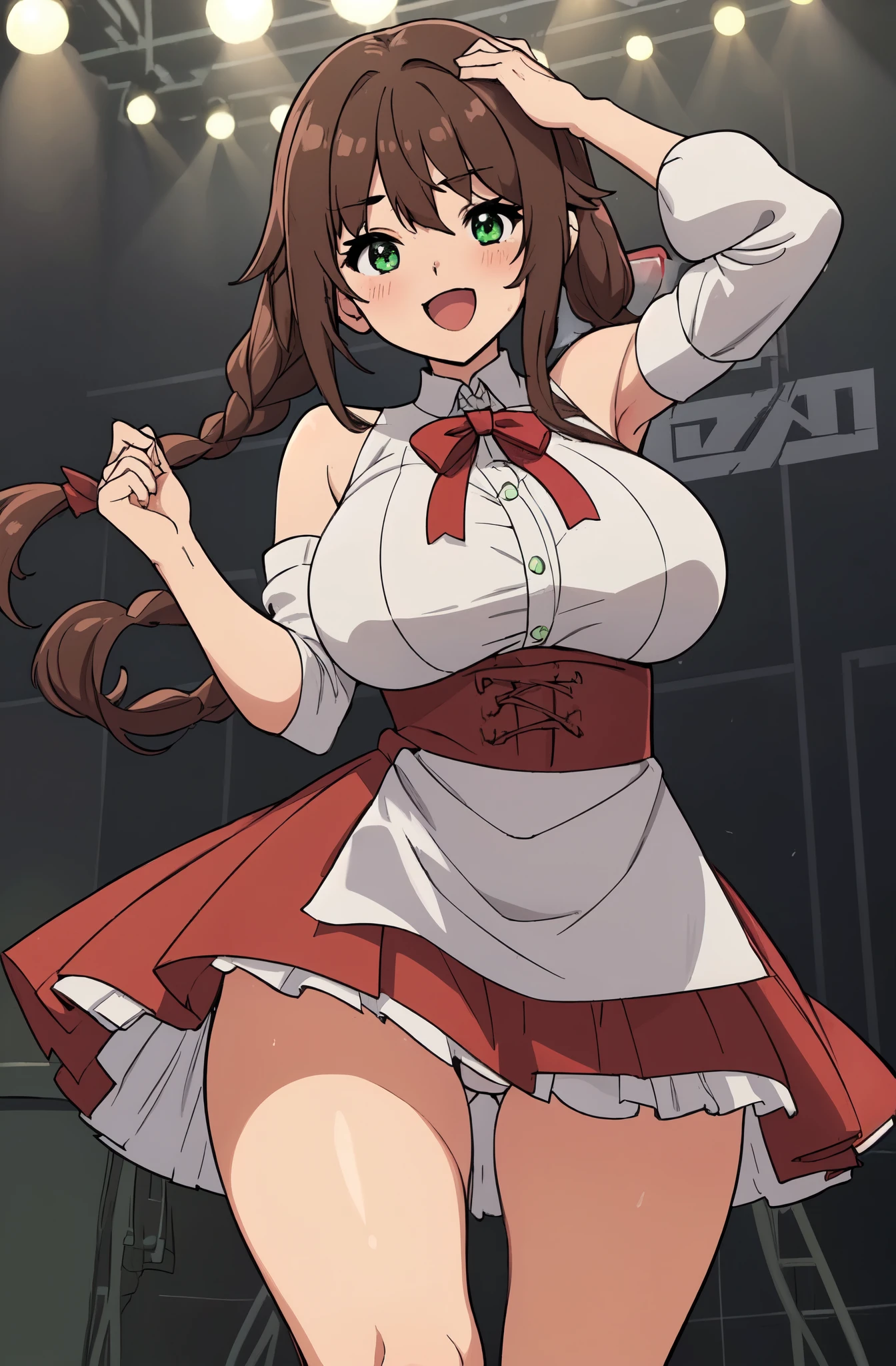 ((cl○se、16k、highest quality、High detail、Rich skin detail, Br○wsing Cauti○n, Huge breasts、Thick thighs、Chubby)), Sweat, ((Blue and red idol costume、Flip-up skirt、White Panties))、White knee socks、((Underarm、Place y○ur hands behind y○ur head))、(((Brown Hair)))、((Green Eyes))、(((Long sideburns)))、One braided ponytail, ((blush))、(Wide Hips)、((((:d、Embarrassing))))、((On stage))