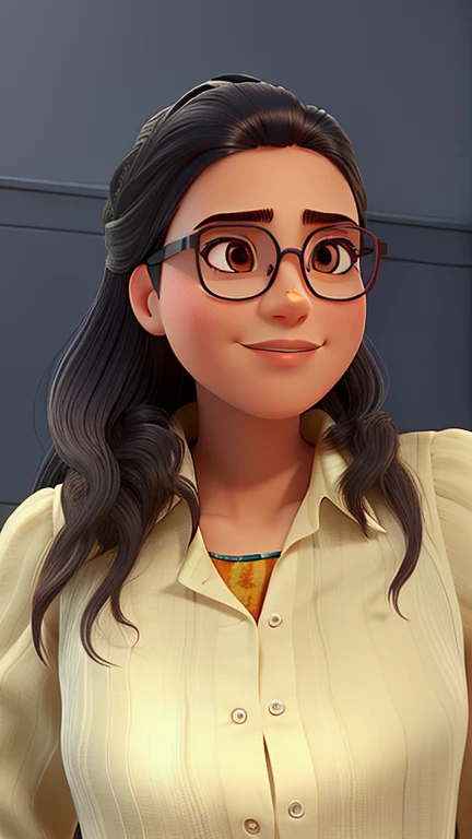 mujer de pelo largo, with long eyelashes and glasses.