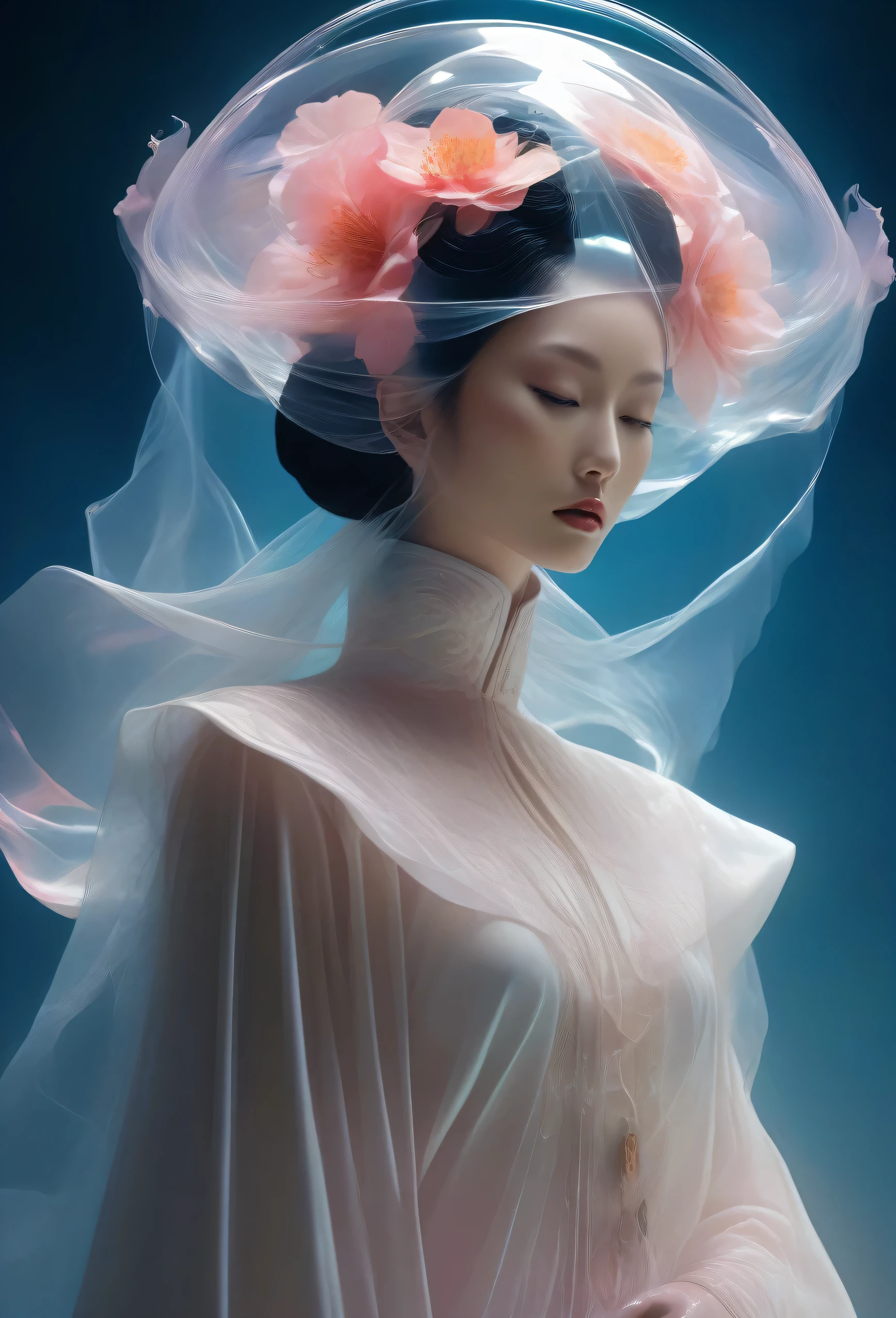 a woman with a veil over her head, futuristic and ethereal, futuristic art, 3d advanced digital art, futuristic digital art, futuristic fashion, breathtaking digital art, inspired by Fei Danxu, inspired by Kanō Naizen, inspired by Ai Xuan, wearing futuristic, by Russell Dongjun Lu, futuristic art style, digital art render, iris van herpen rankin, Poster of Shuji Terayama, Suehiro Maruo's poignant style, weird style, slightly uneasy